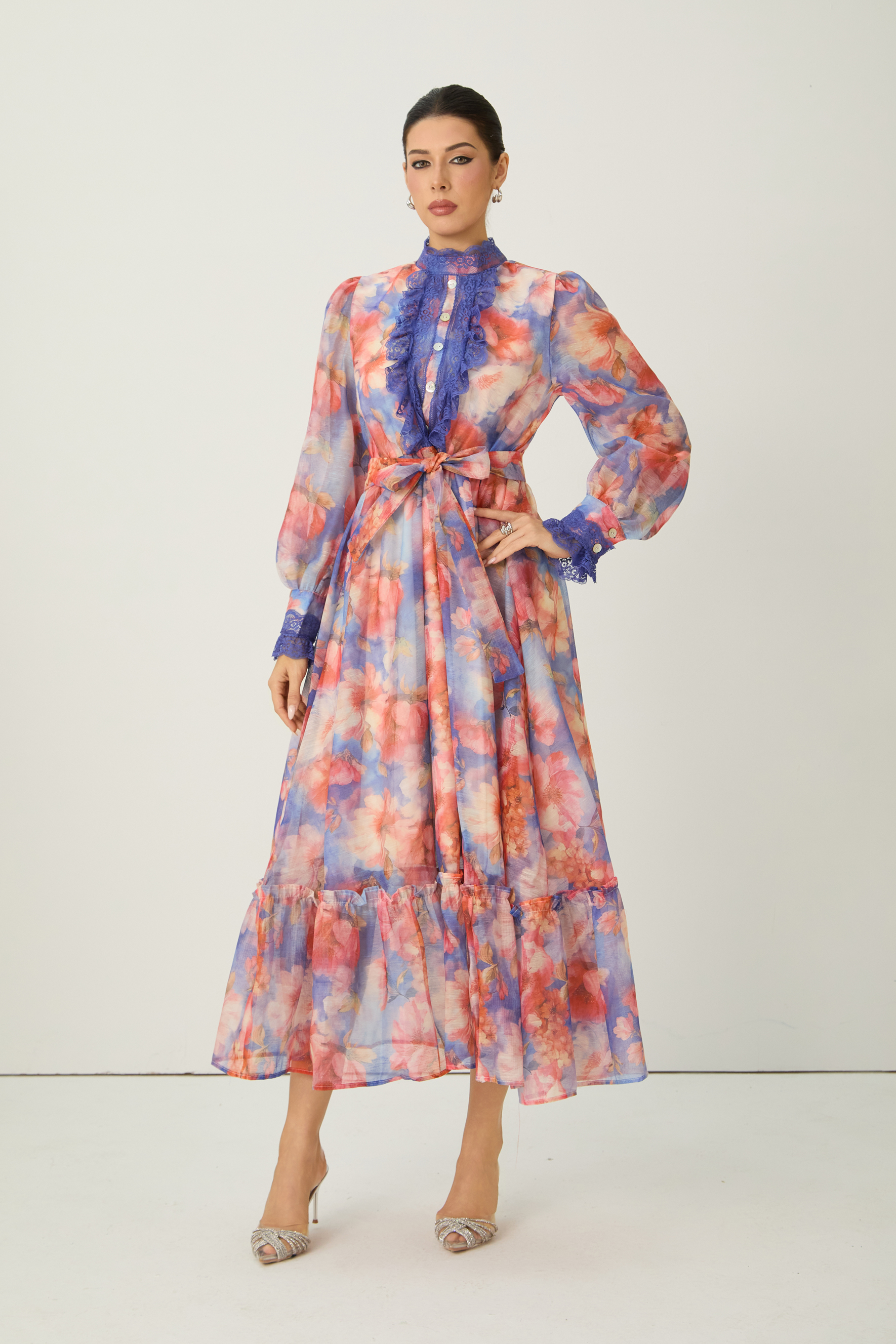 Vivid Allure Multi Floral Print Lace Trim Maxi Dress