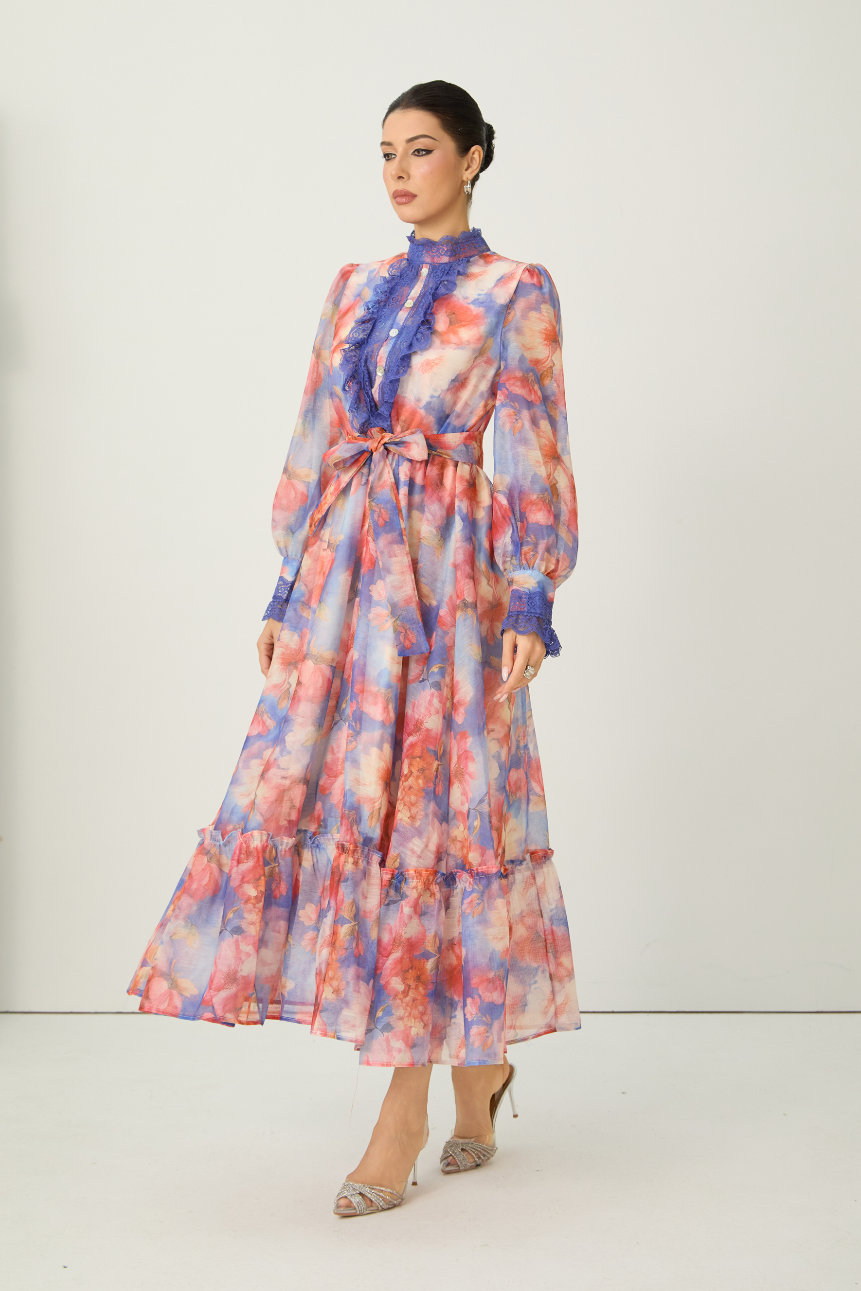 Vivid Allure Multi Floral Print Lace Trim Maxi Dress