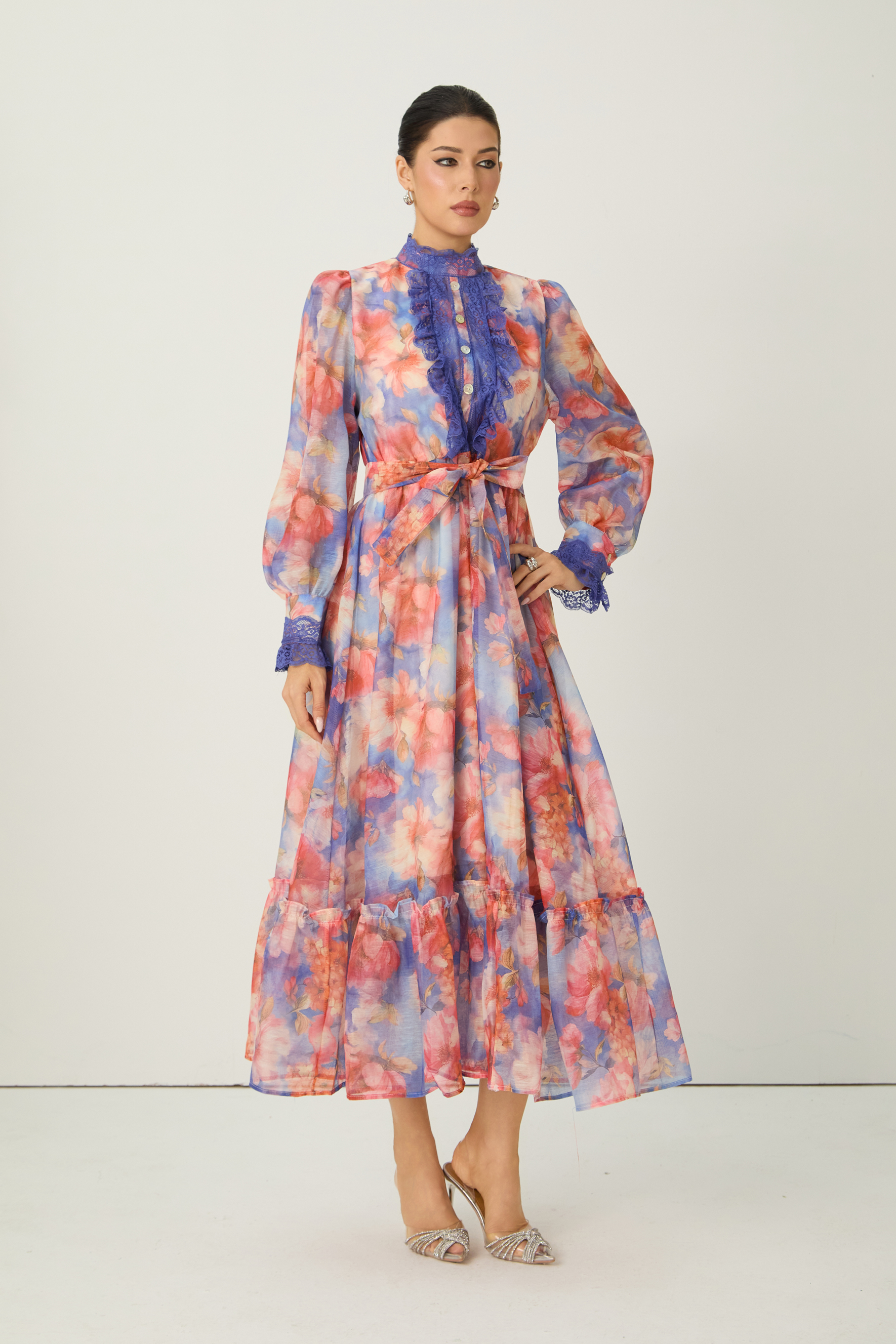 Vivid Allure Multi Floral Print Lace Trim Maxi Dress