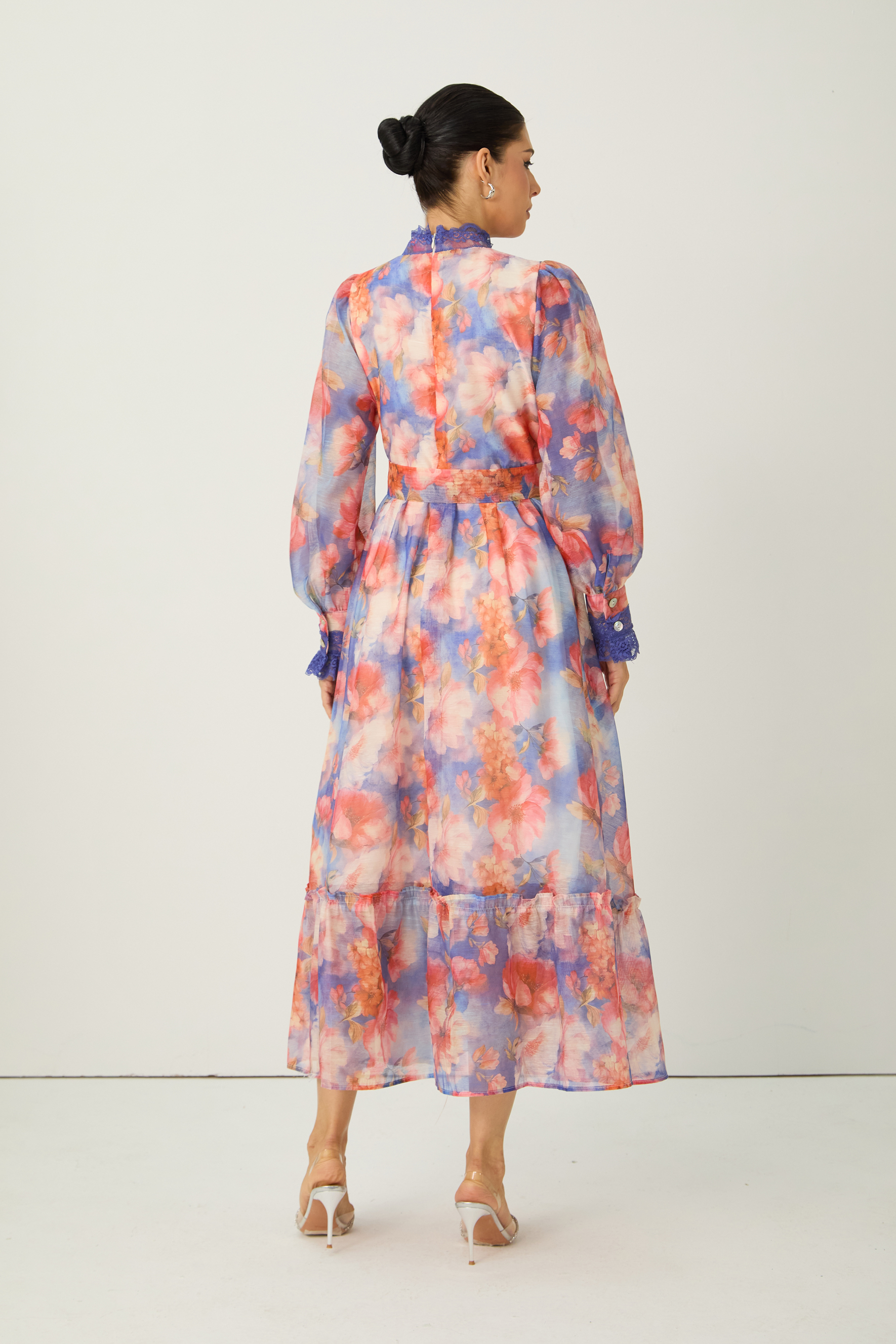 Vivid Allure Multi Floral Print Lace Trim Maxi Dress