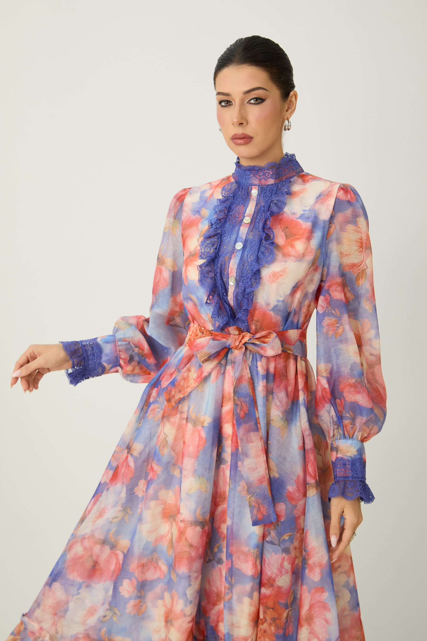 Vivid Allure Multi Floral Print Lace Trim Maxi Dress