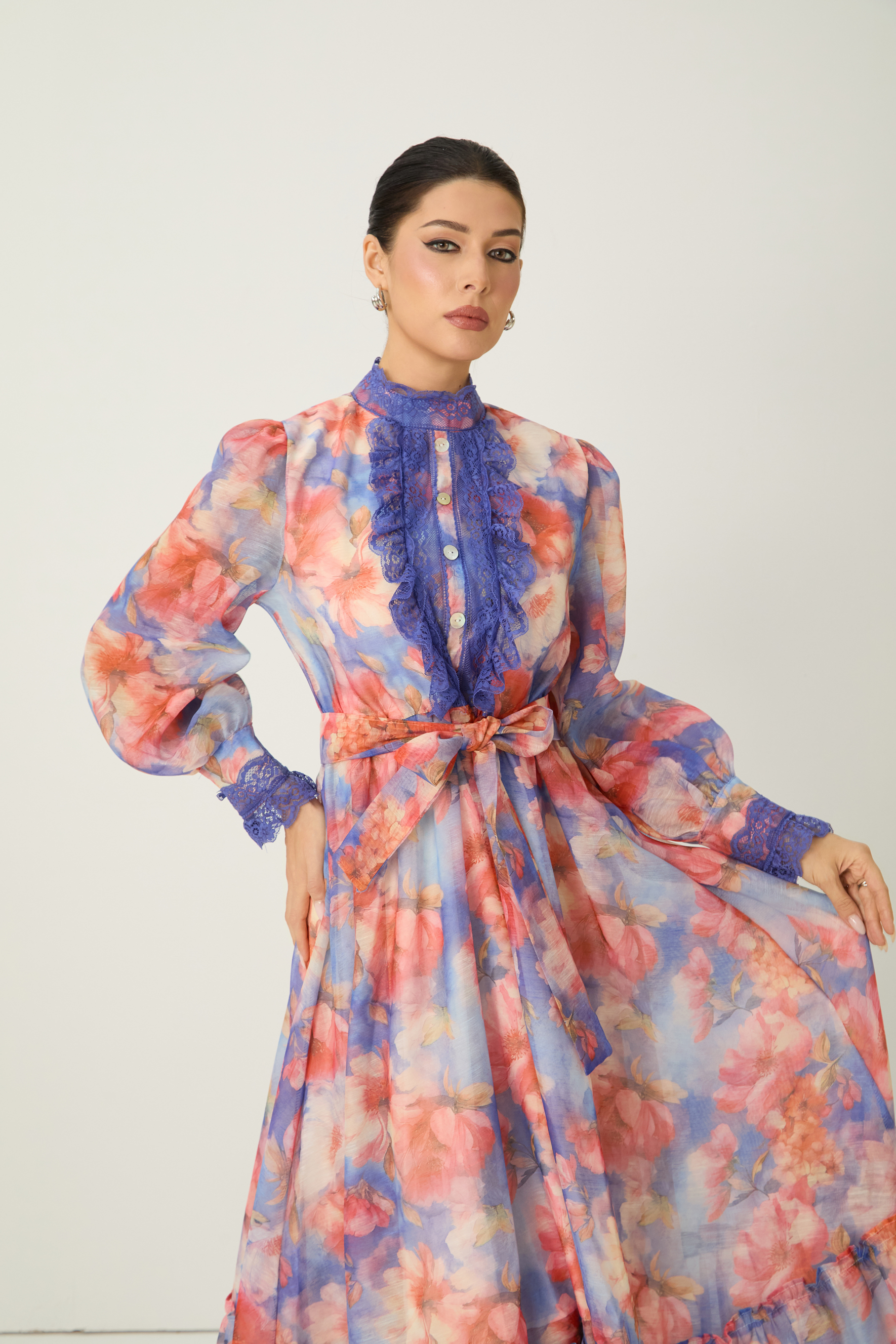 Vivid Allure Multi Floral Print Lace Trim Maxi Dress