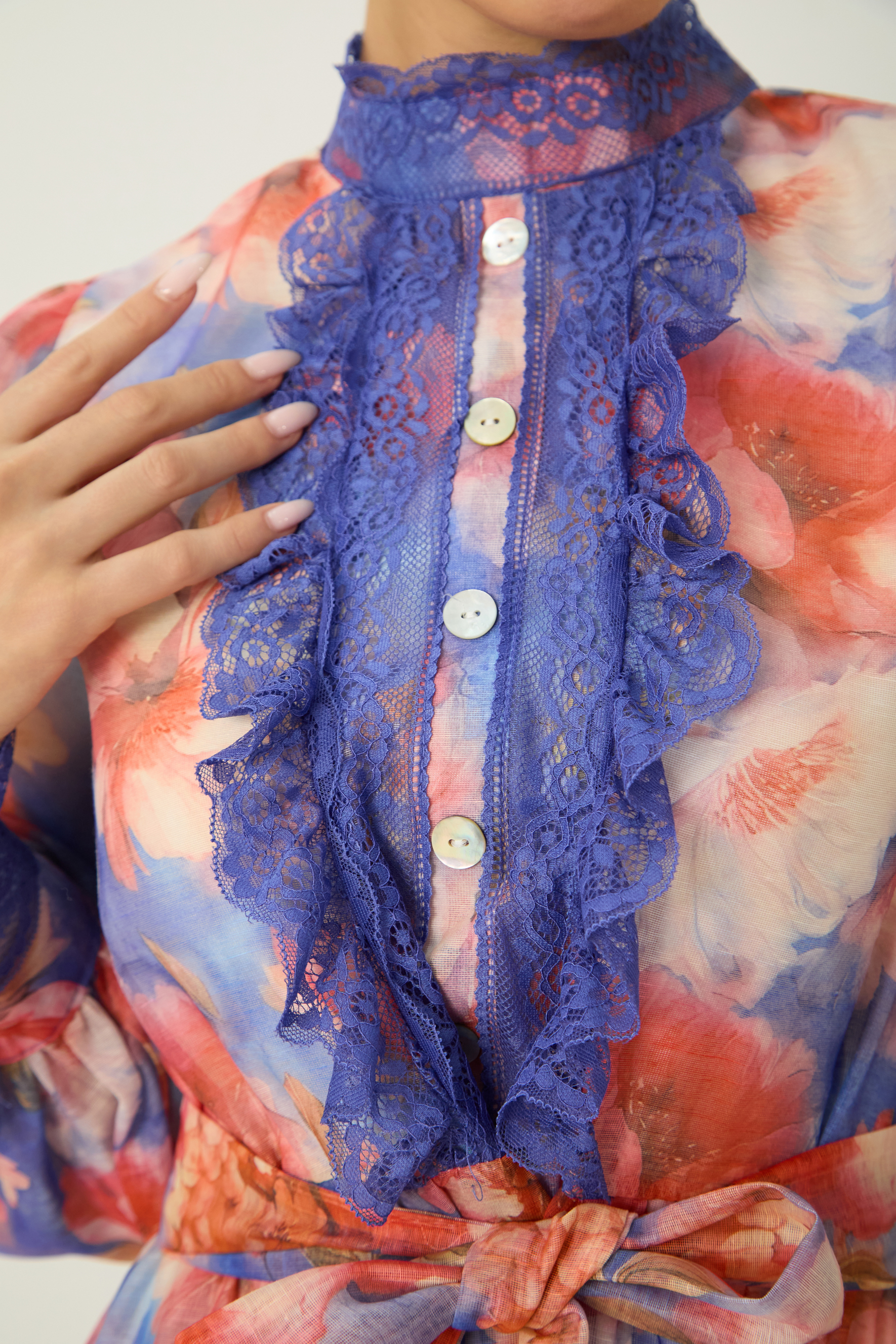 Vivid Allure Multi Floral Print Lace Trim Maxi Dress