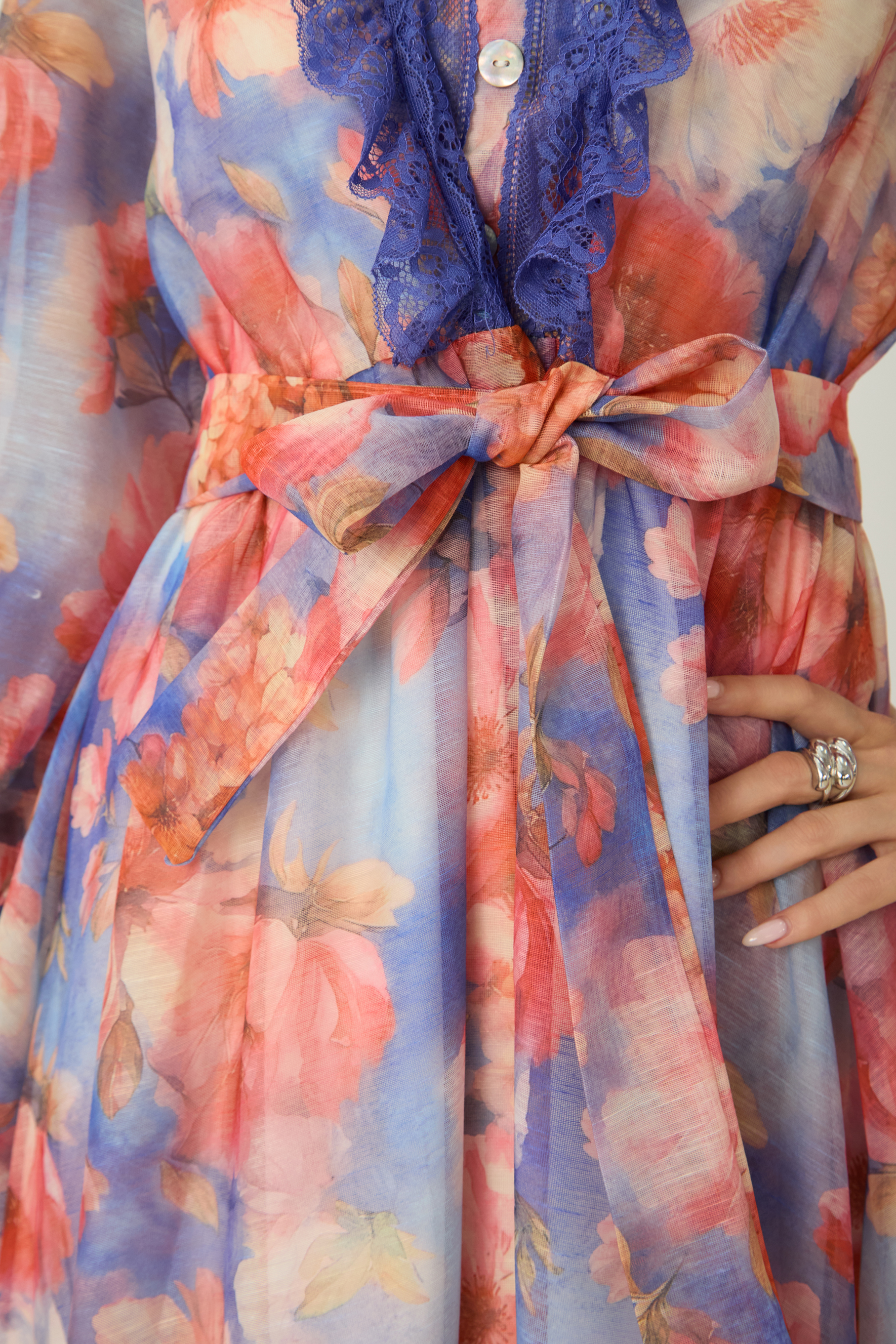 Vivid Allure Multi Floral Print Lace Trim Maxi Dress