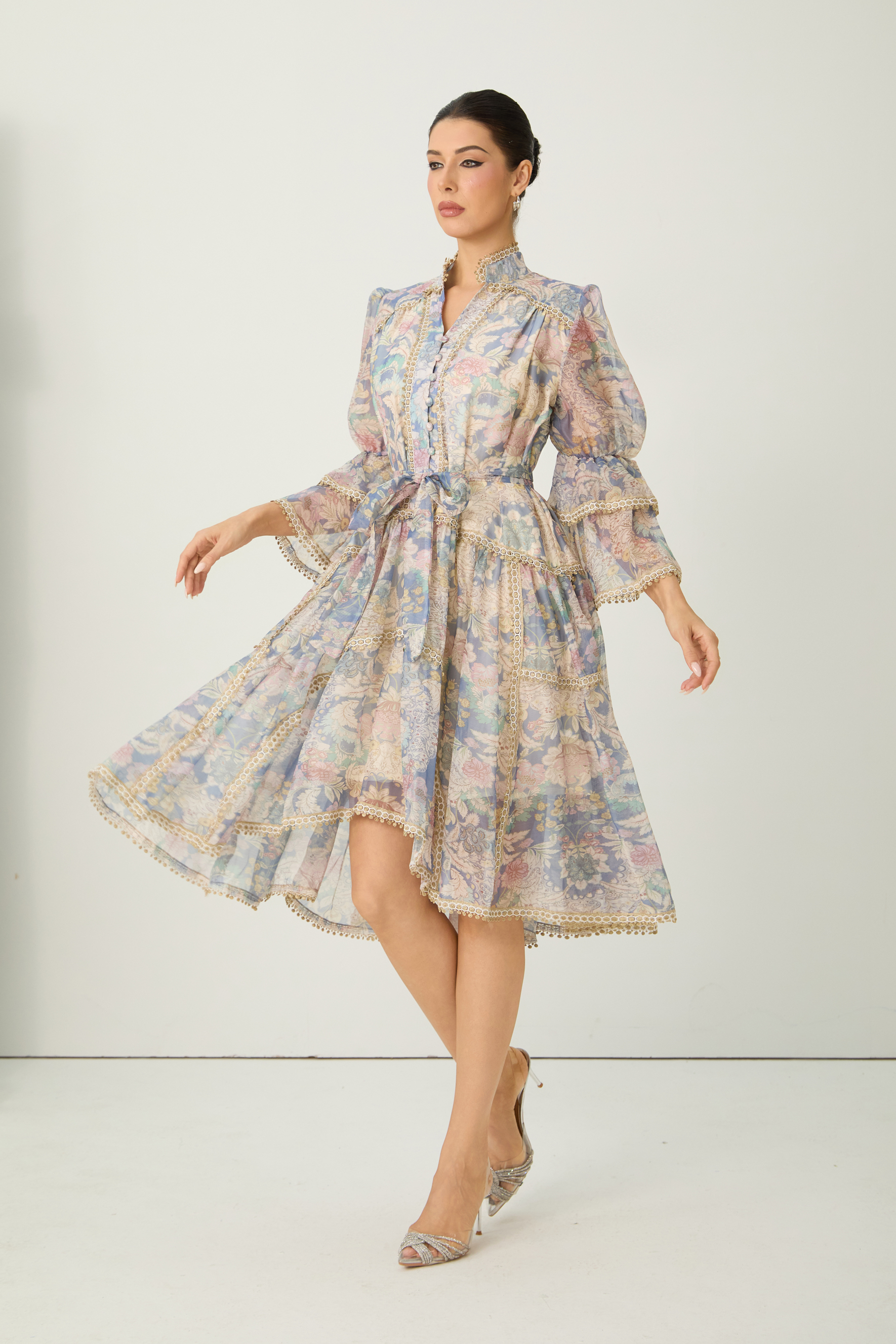 Romance That Wows Multi Floral Print Layered Sleeve Midi Dress
