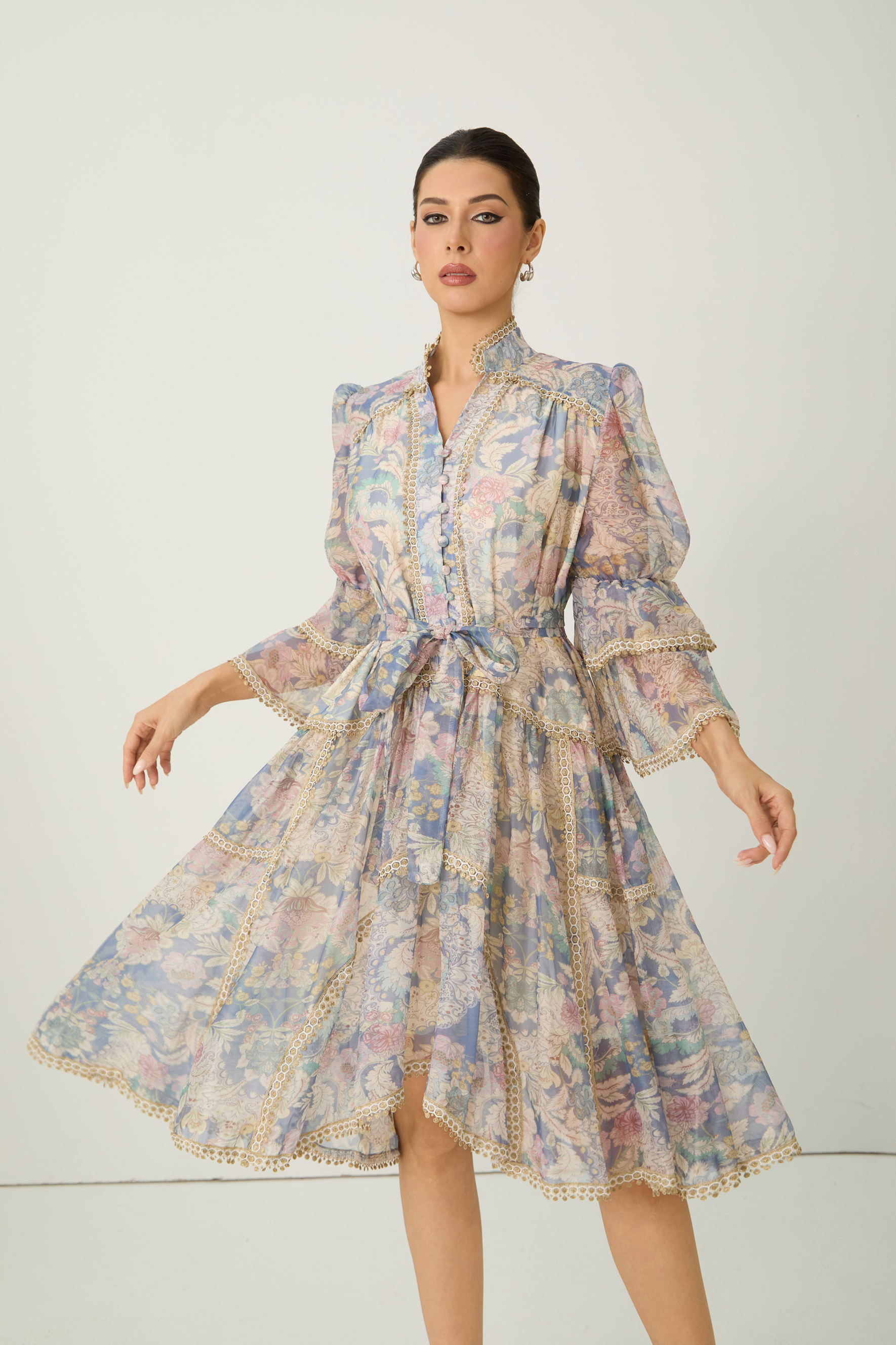 Romance That Wows Multi Floral Print Layered Sleeve Midi Dress