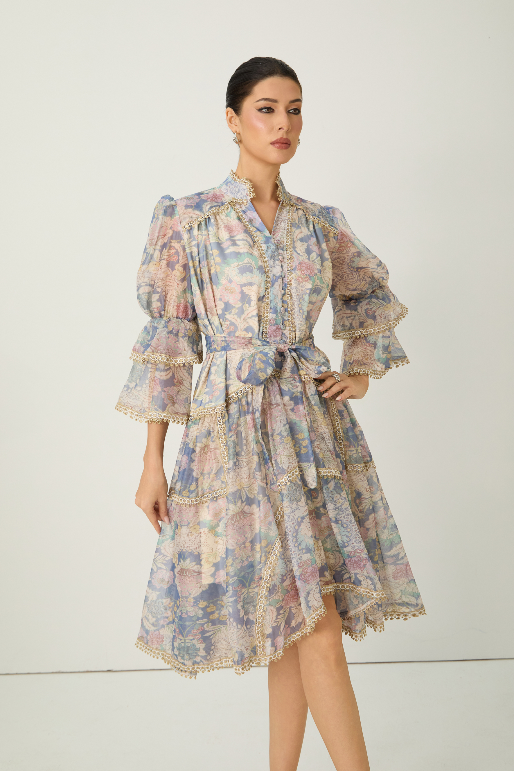 Romance That Wows Multi Floral Print Layered Sleeve Midi Dress