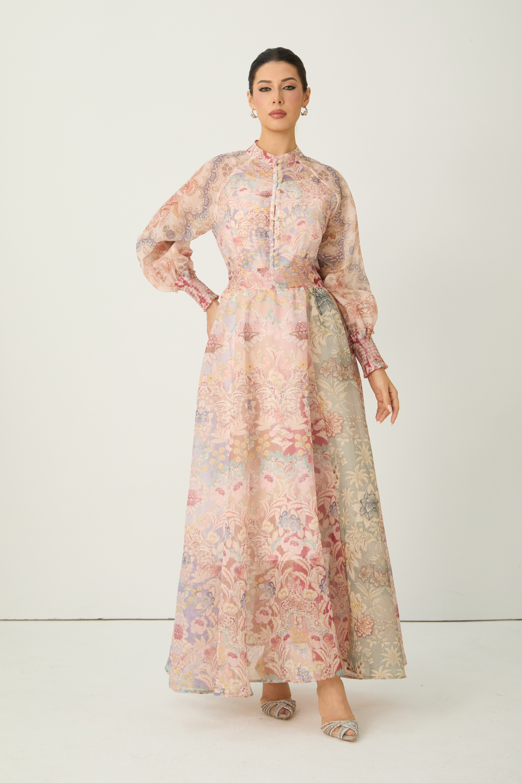 Soft Sunshine Pink Floral Print Puff Sleeve Maxi Dress