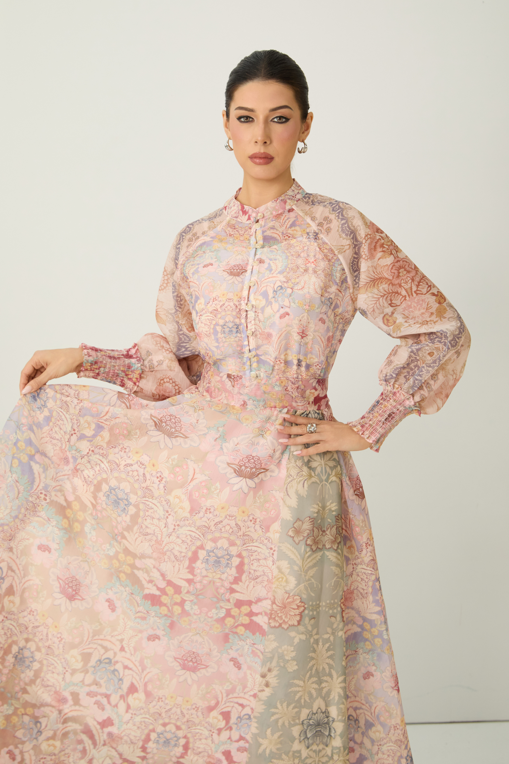 Soft Sunshine Pink Floral Print Puff Sleeve Maxi Dress