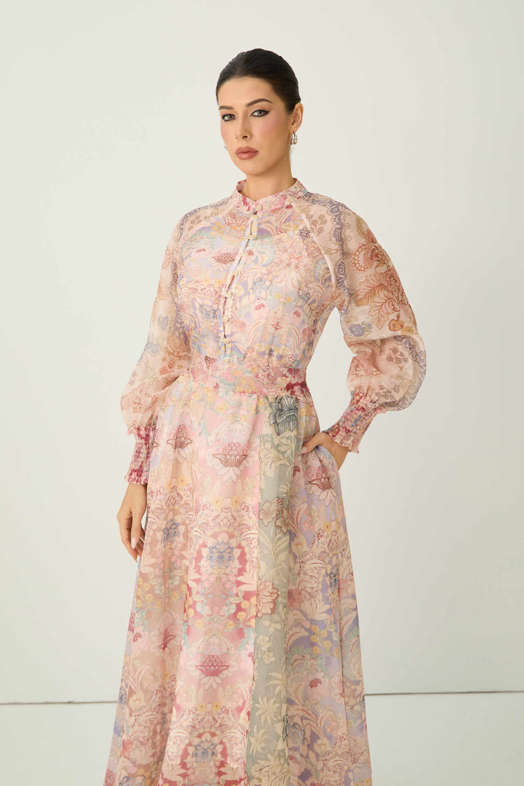 Soft Sunshine Pink Floral Print Puff Sleeve Maxi Dress