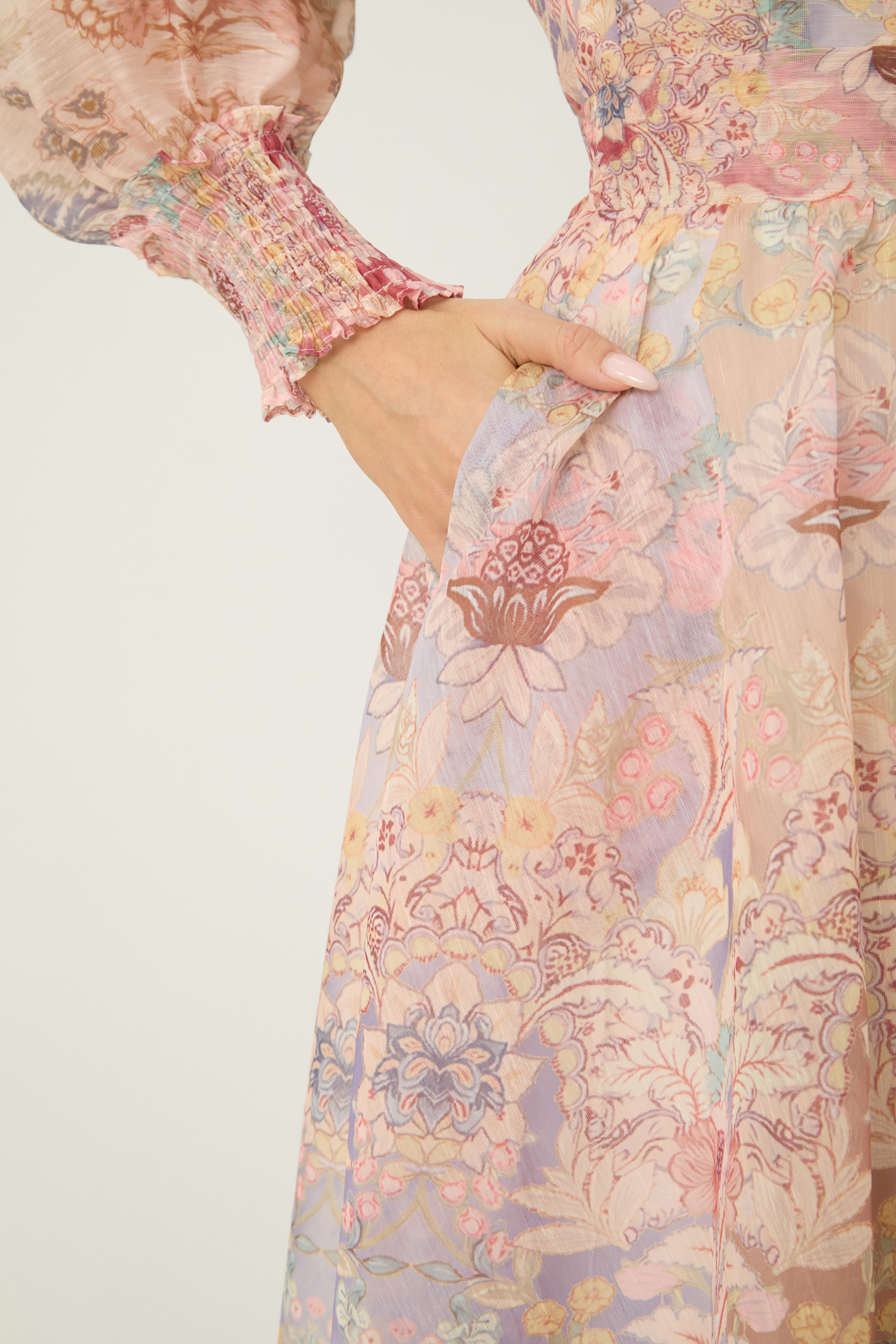 Soft Sunshine Pink Floral Print Puff Sleeve Maxi Dress