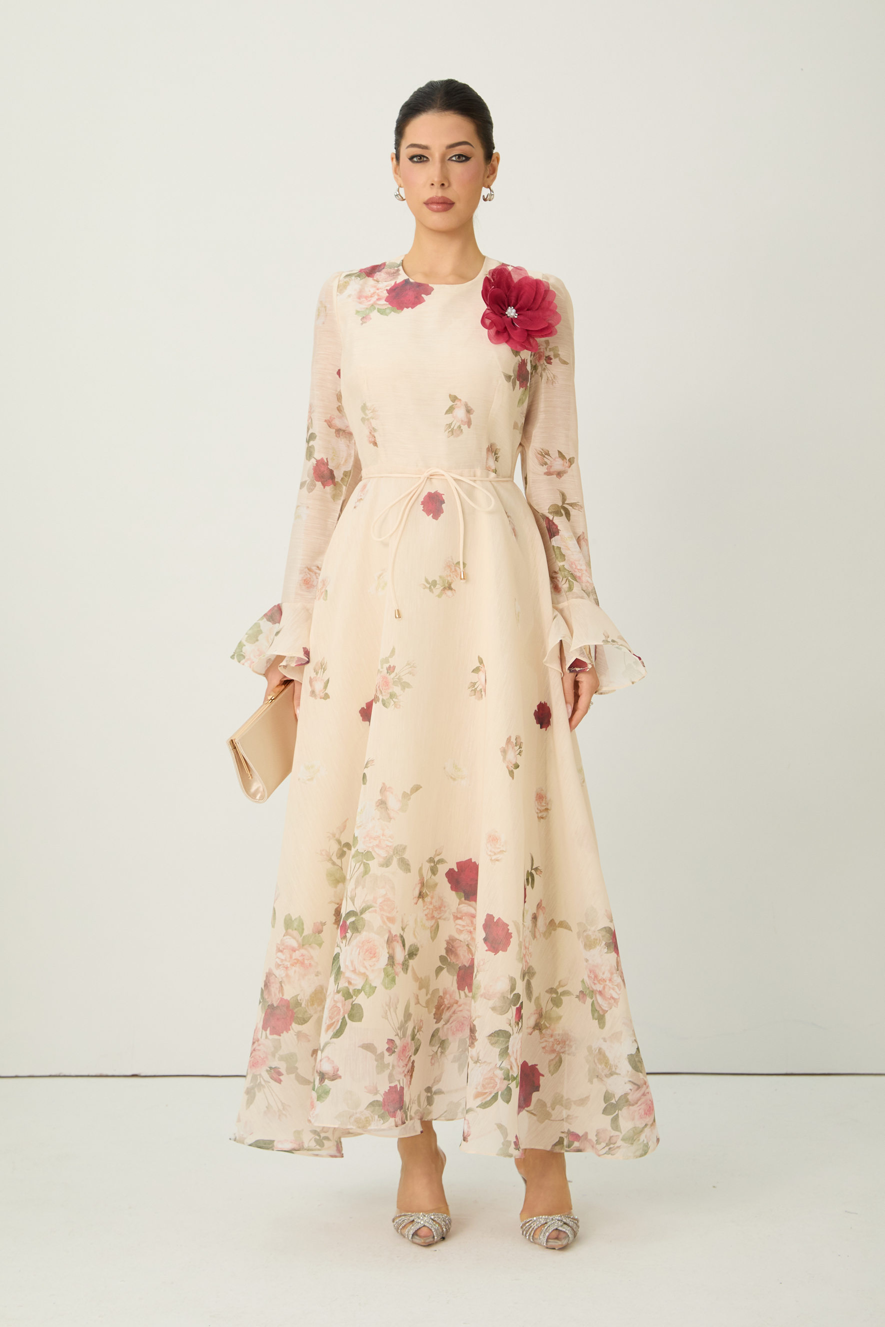 Romantic Marvel Apricot Floral Applique Ruffle Cuff Maxi Dress