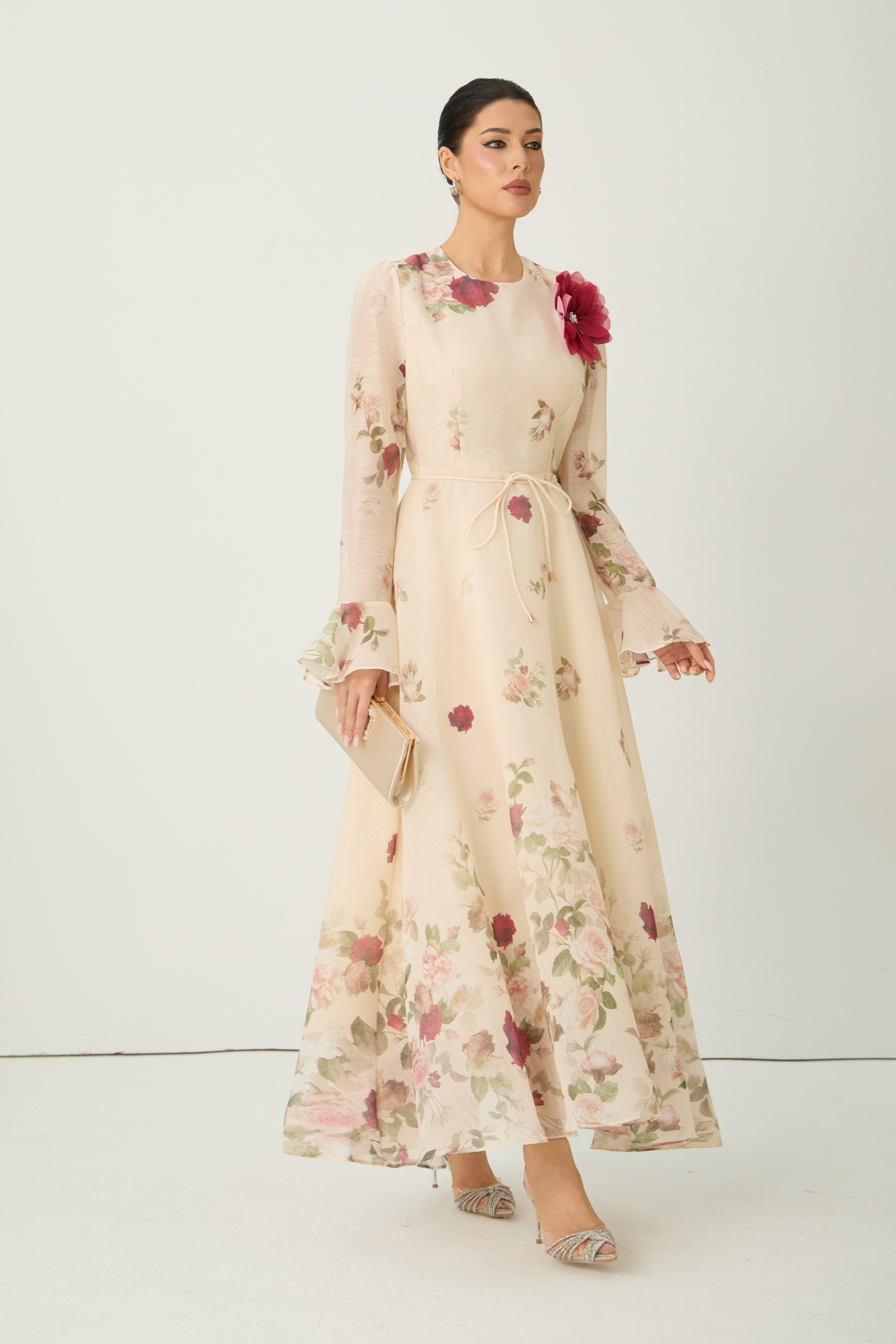 Romantic Marvel Apricot Floral Applique Ruffle Cuff Maxi Dress