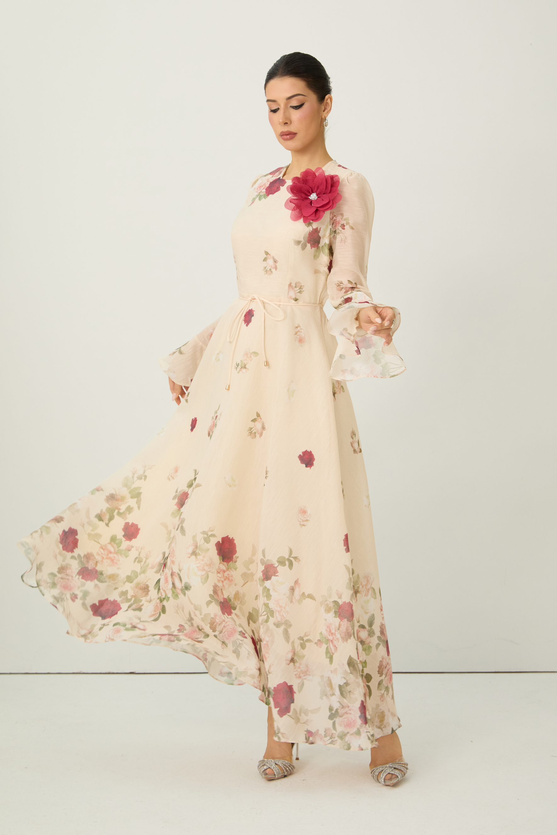 Romantic Marvel Apricot Floral Applique Ruffle Cuff Maxi Dress