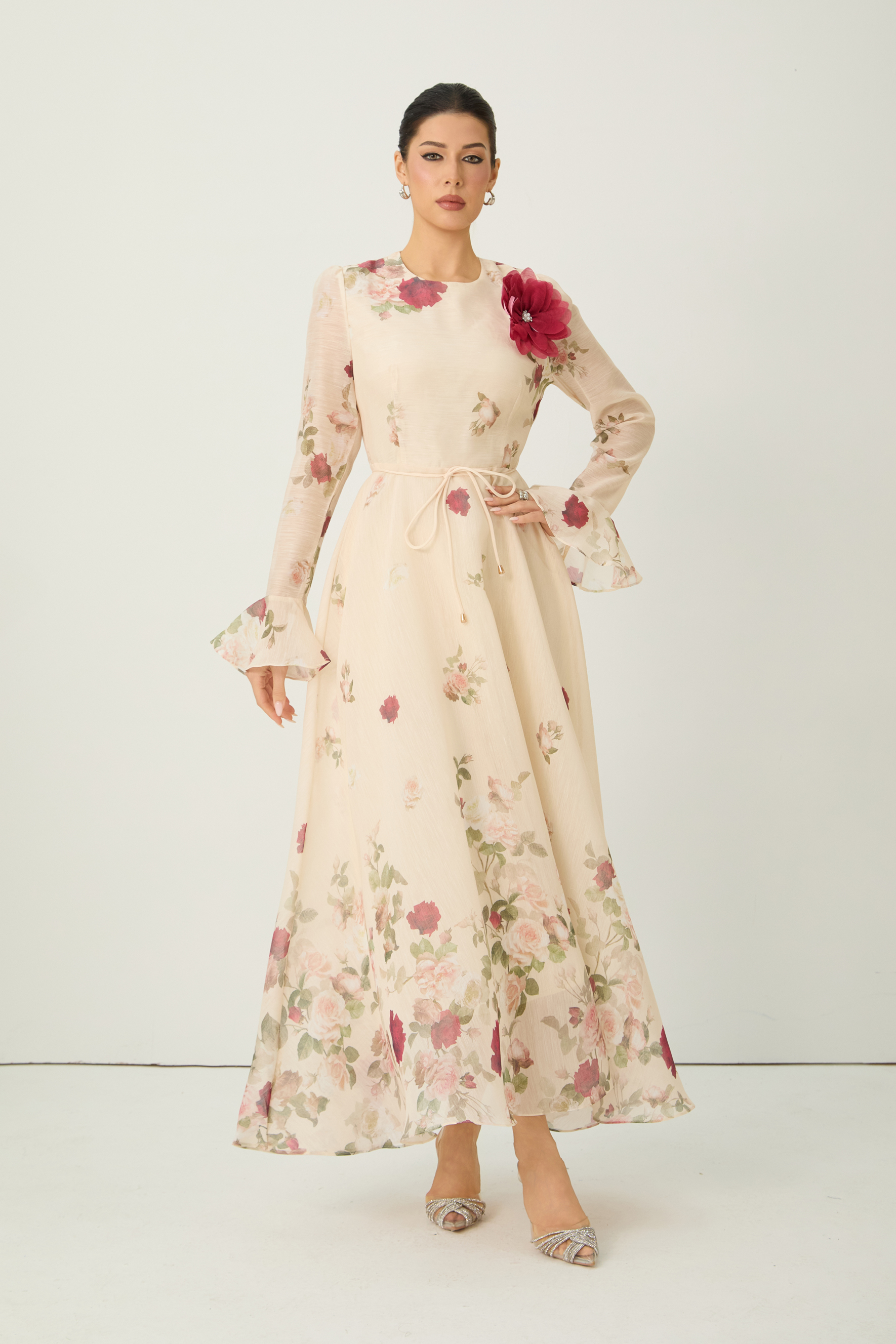 Romantic Marvel Apricot Floral Applique Ruffle Cuff Maxi Dress