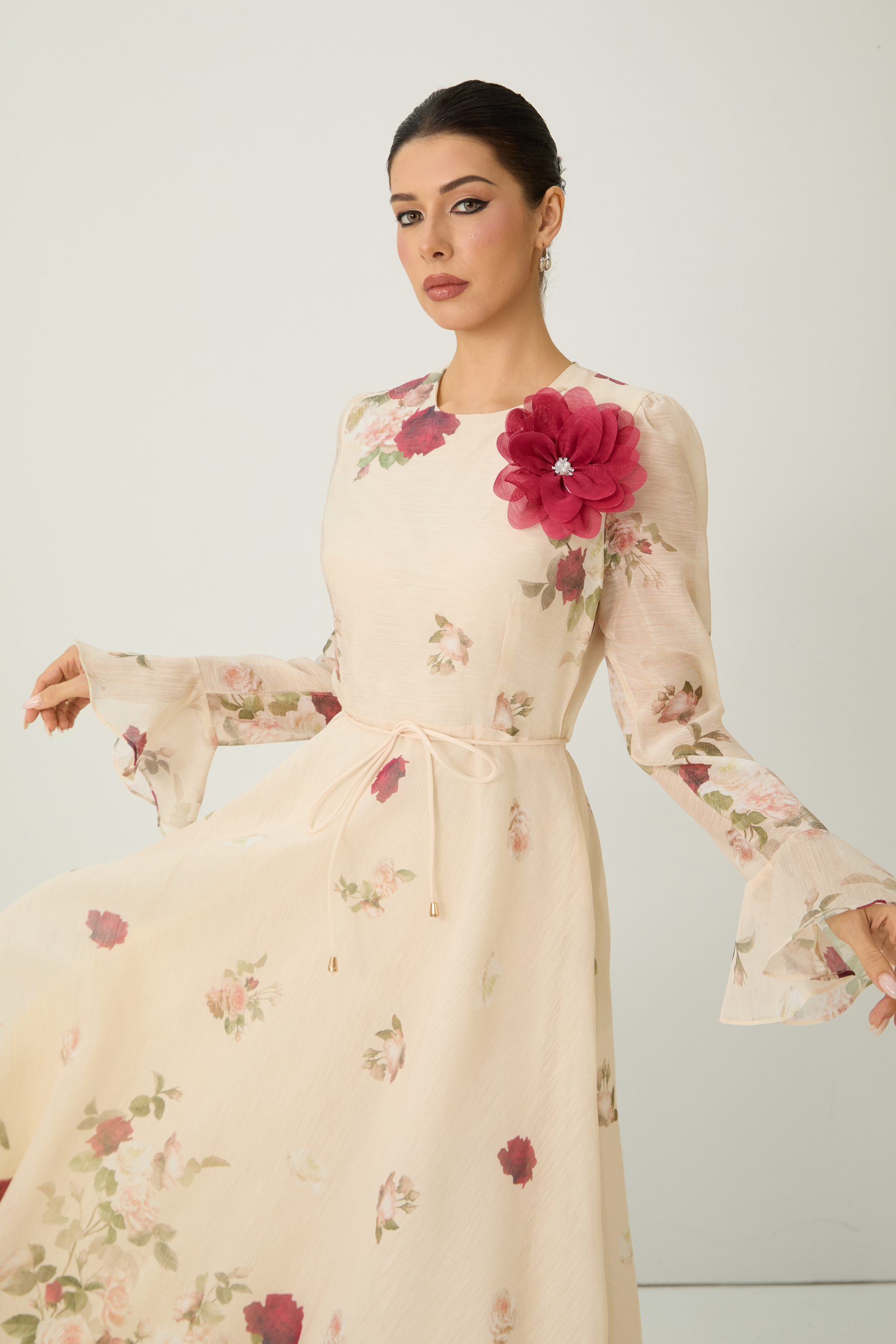 Romantic Marvel Apricot Floral Applique Ruffle Cuff Maxi Dress
