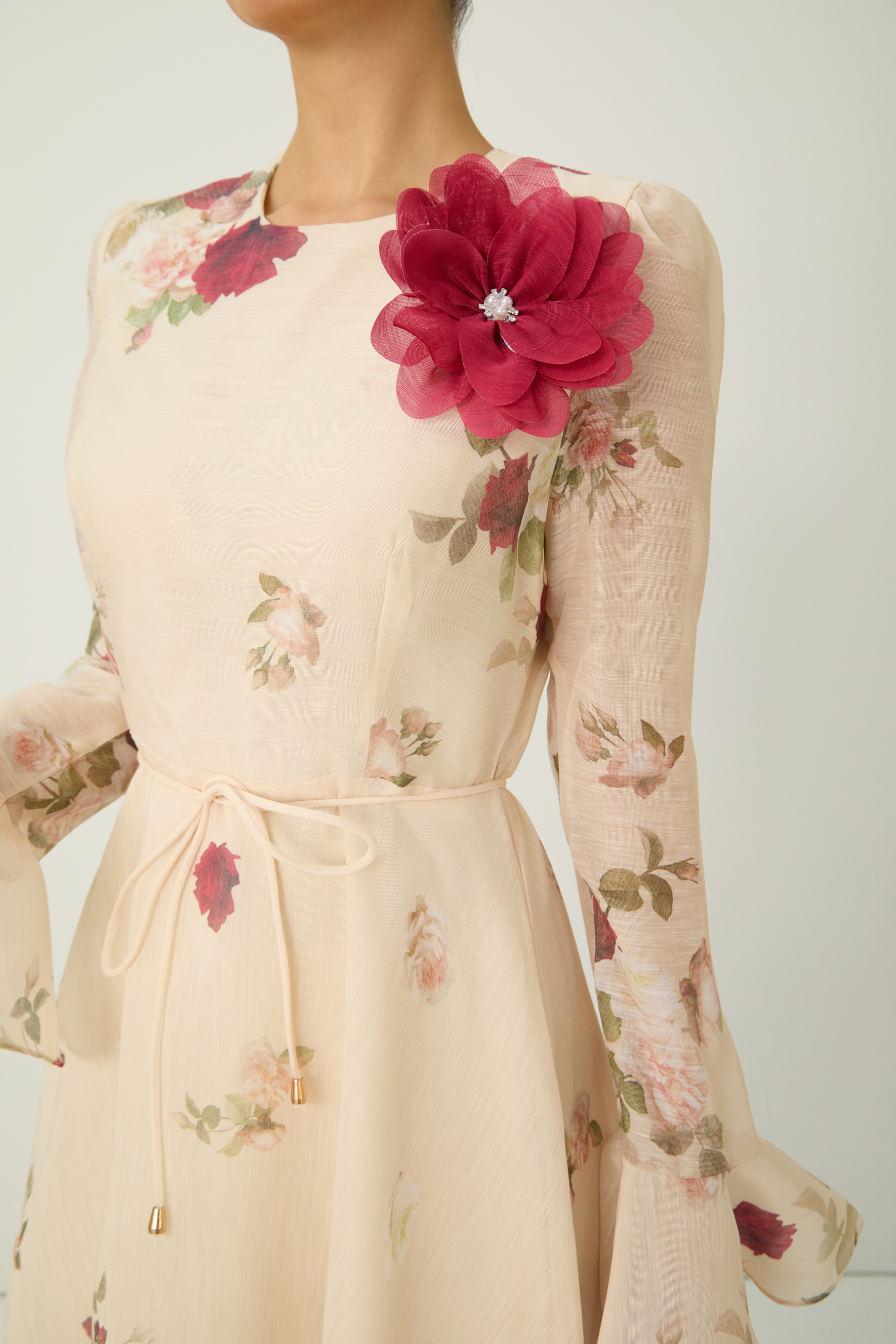 Romantic Marvel Apricot Floral Applique Ruffle Cuff Maxi Dress