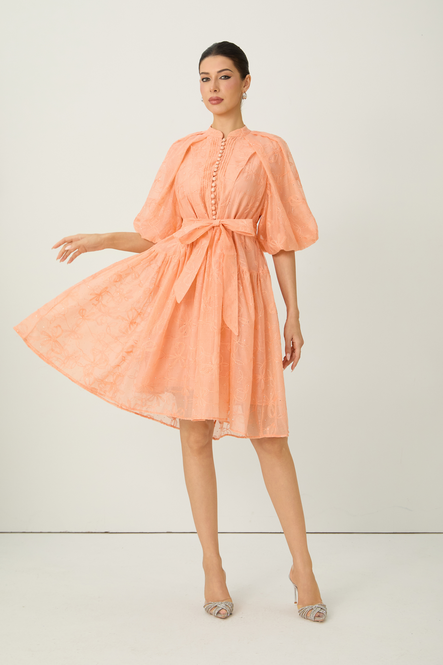 Devoted to Fun Orange Embroidered Short Puff Sleeve Midi Dress
