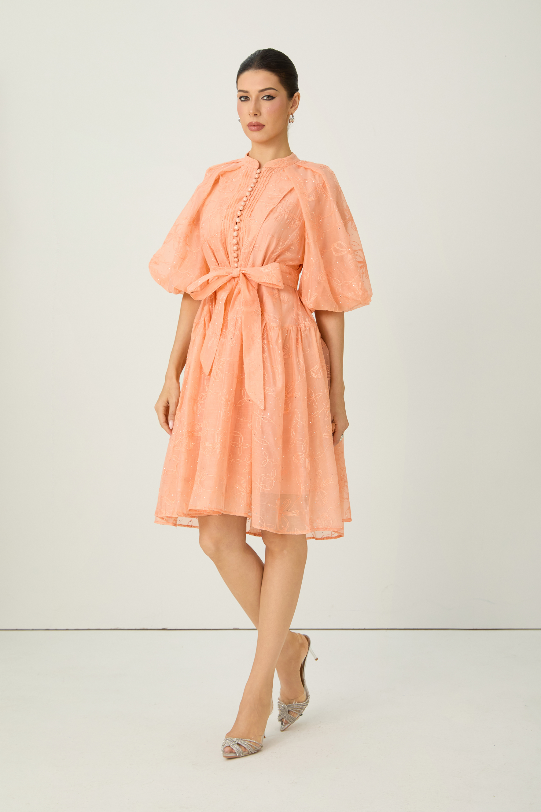 Devoted to Fun Orange Embroidered Short Puff Sleeve Midi Dress