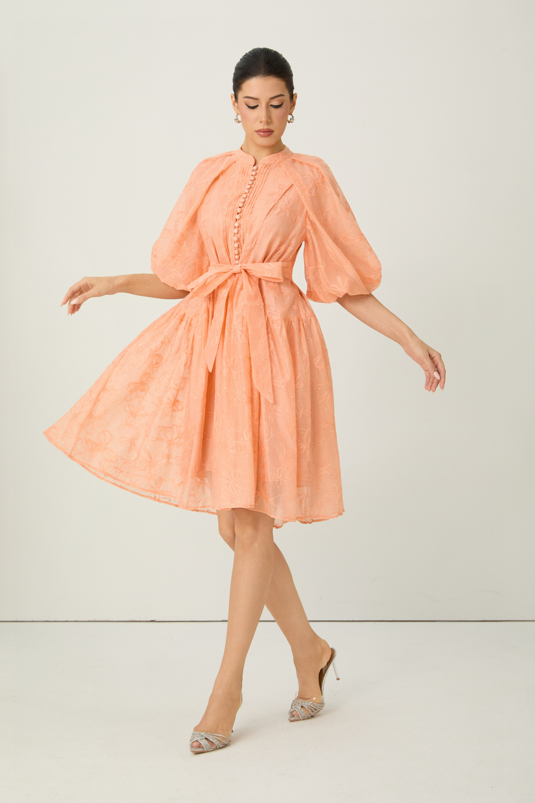Devoted to Fun Orange Embroidered Short Puff Sleeve Midi Dress