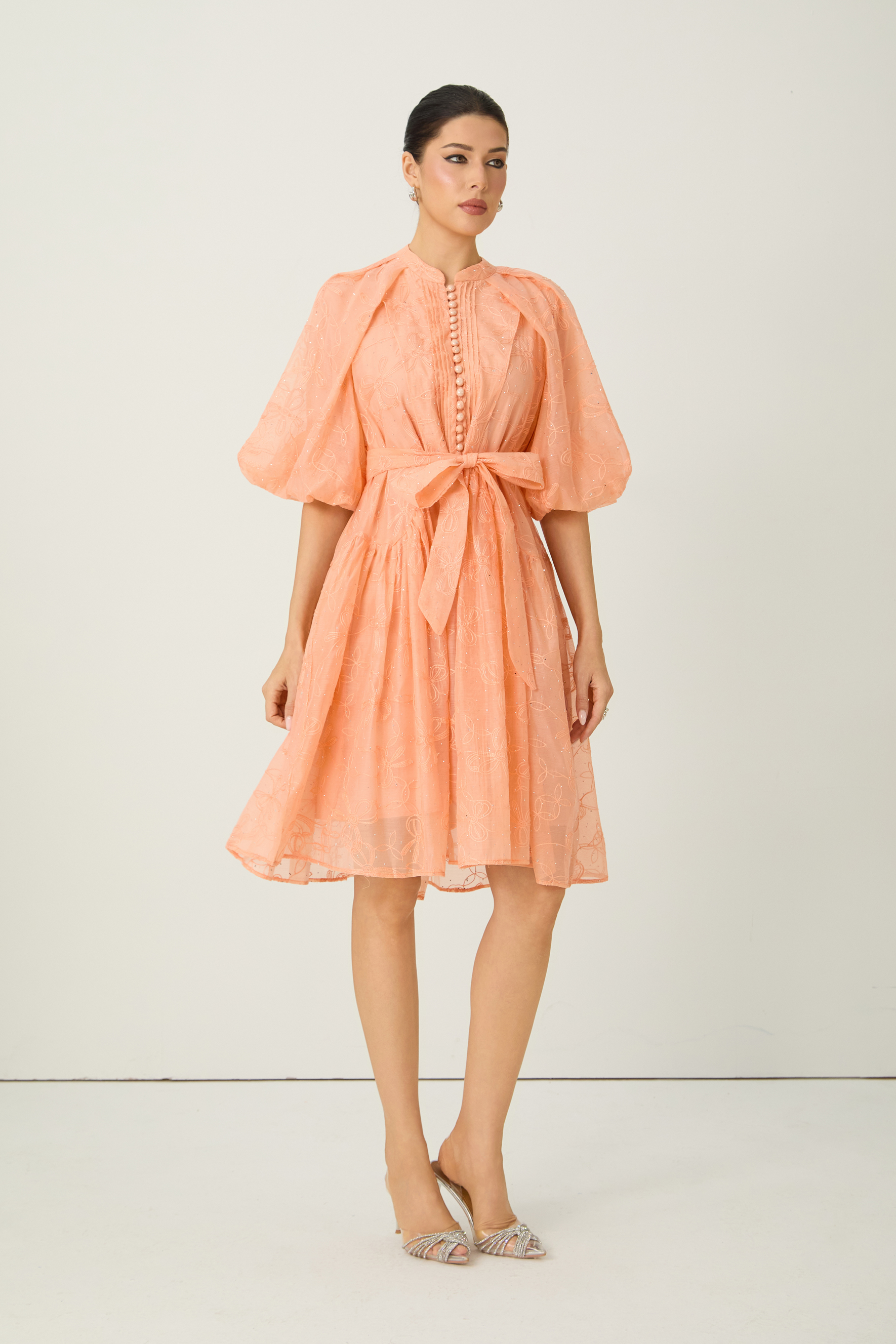 Devoted to Fun Orange Embroidered Short Puff Sleeve Midi Dress