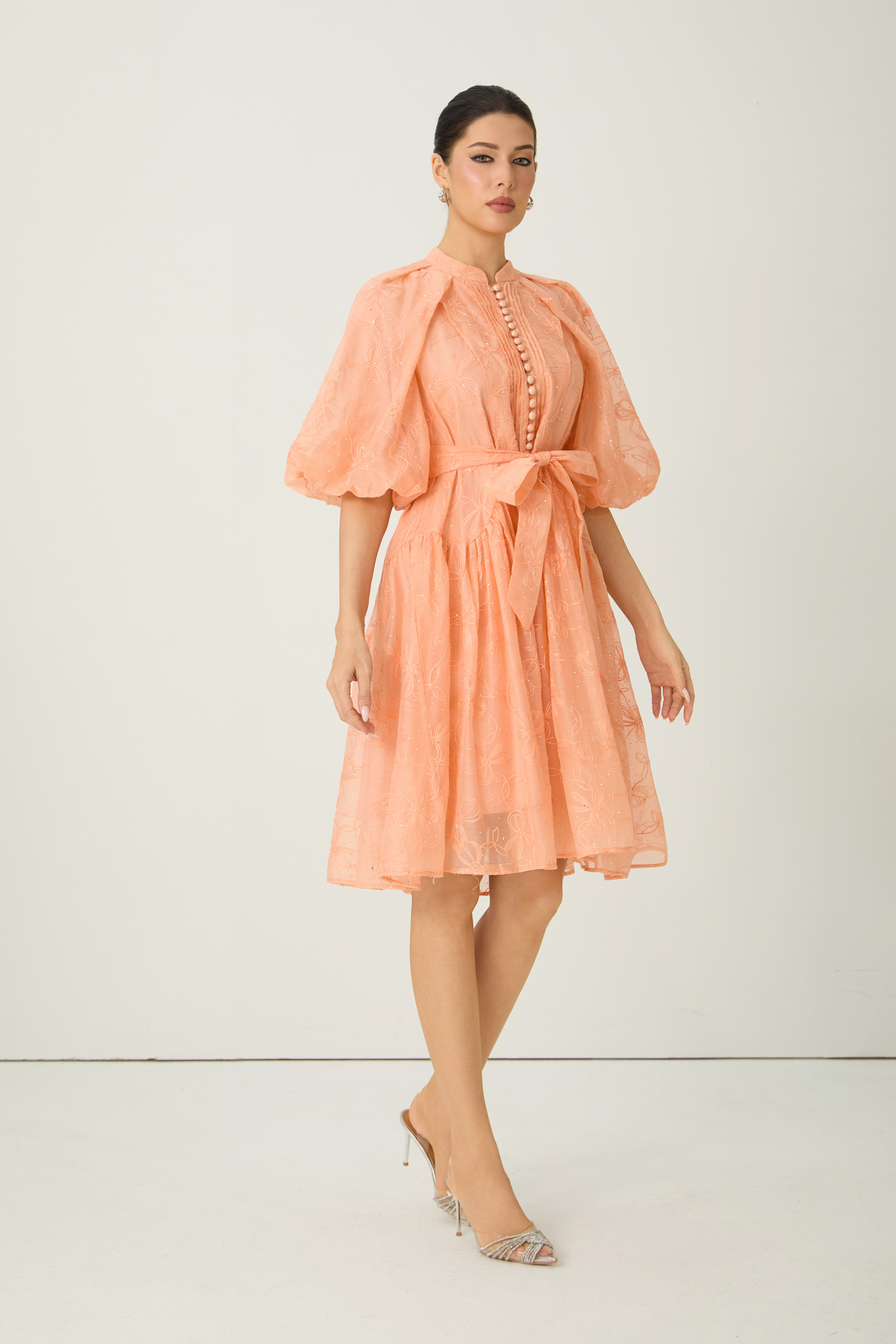 Devoted to Fun Orange Embroidered Short Puff Sleeve Midi Dress