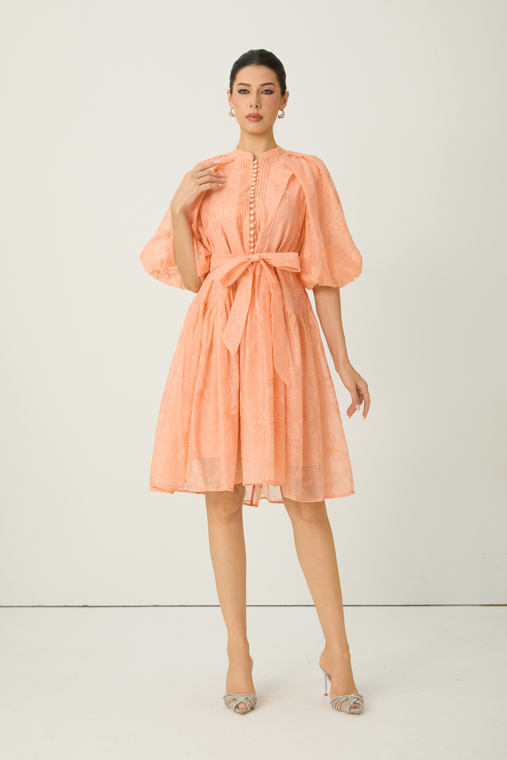 Devoted to Fun Orange Embroidered Short Puff Sleeve Midi Dress