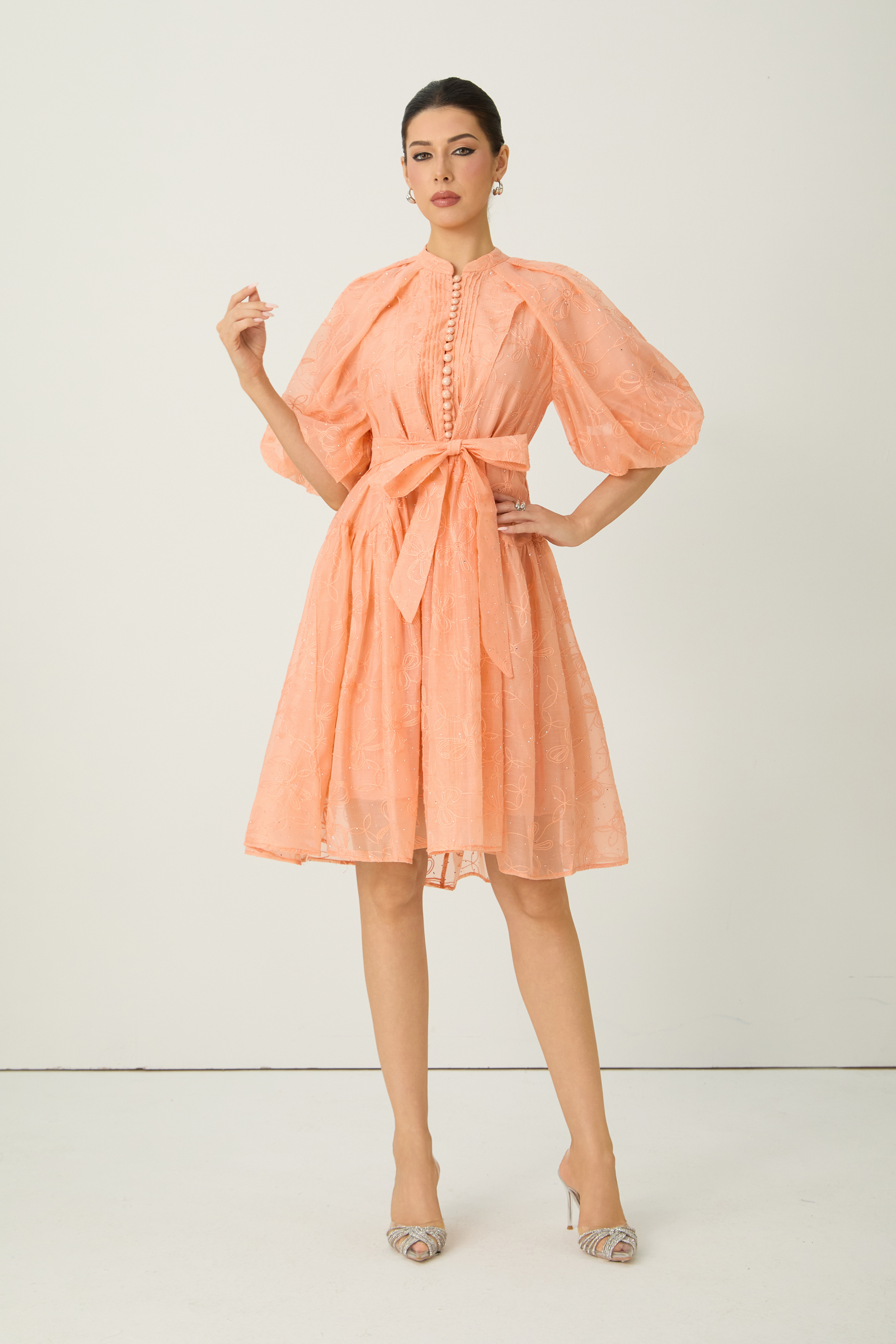 Devoted to Fun Orange Embroidered Short Puff Sleeve Midi Dress