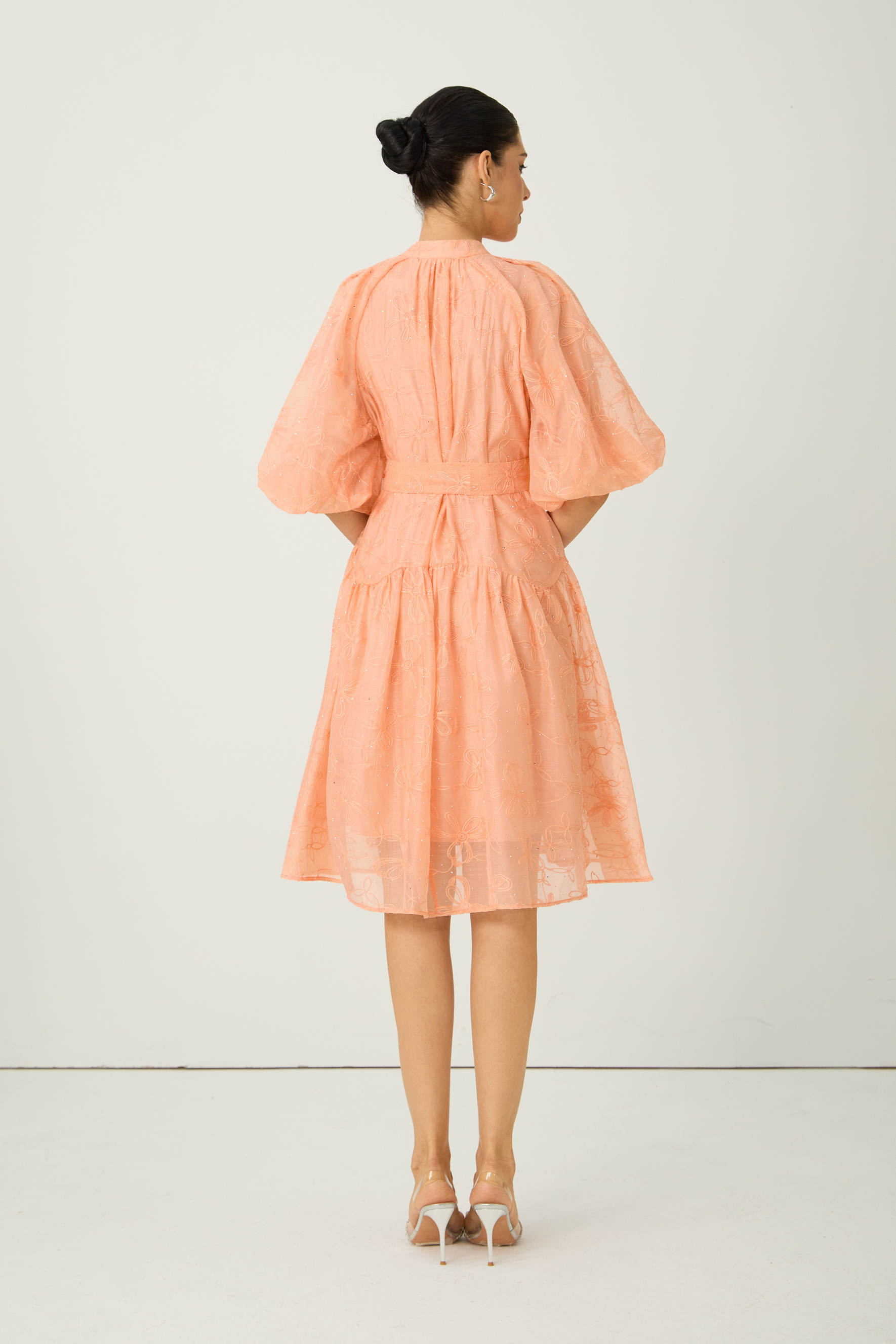 Devoted to Fun Orange Embroidered Short Puff Sleeve Midi Dress