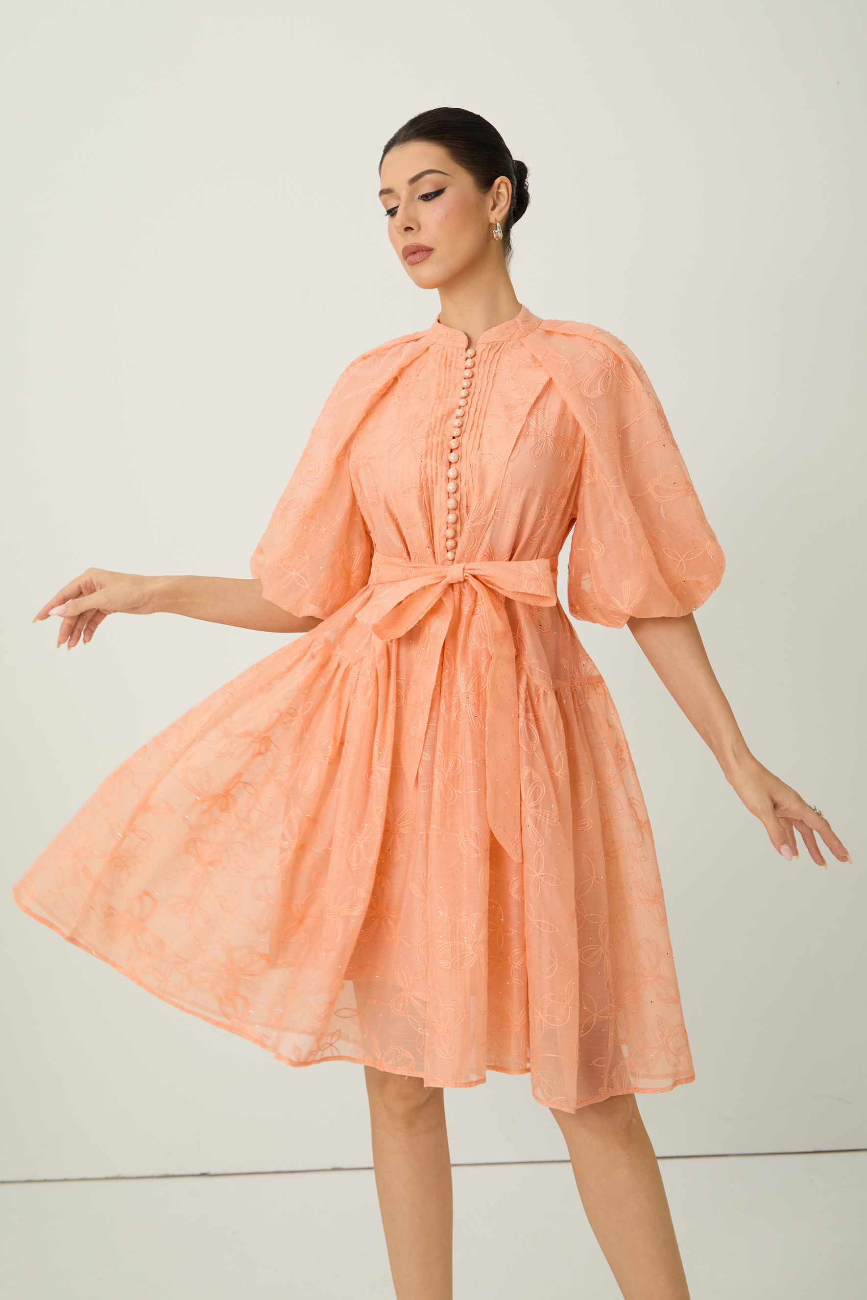 Devoted to Fun Orange Embroidered Short Puff Sleeve Midi Dress