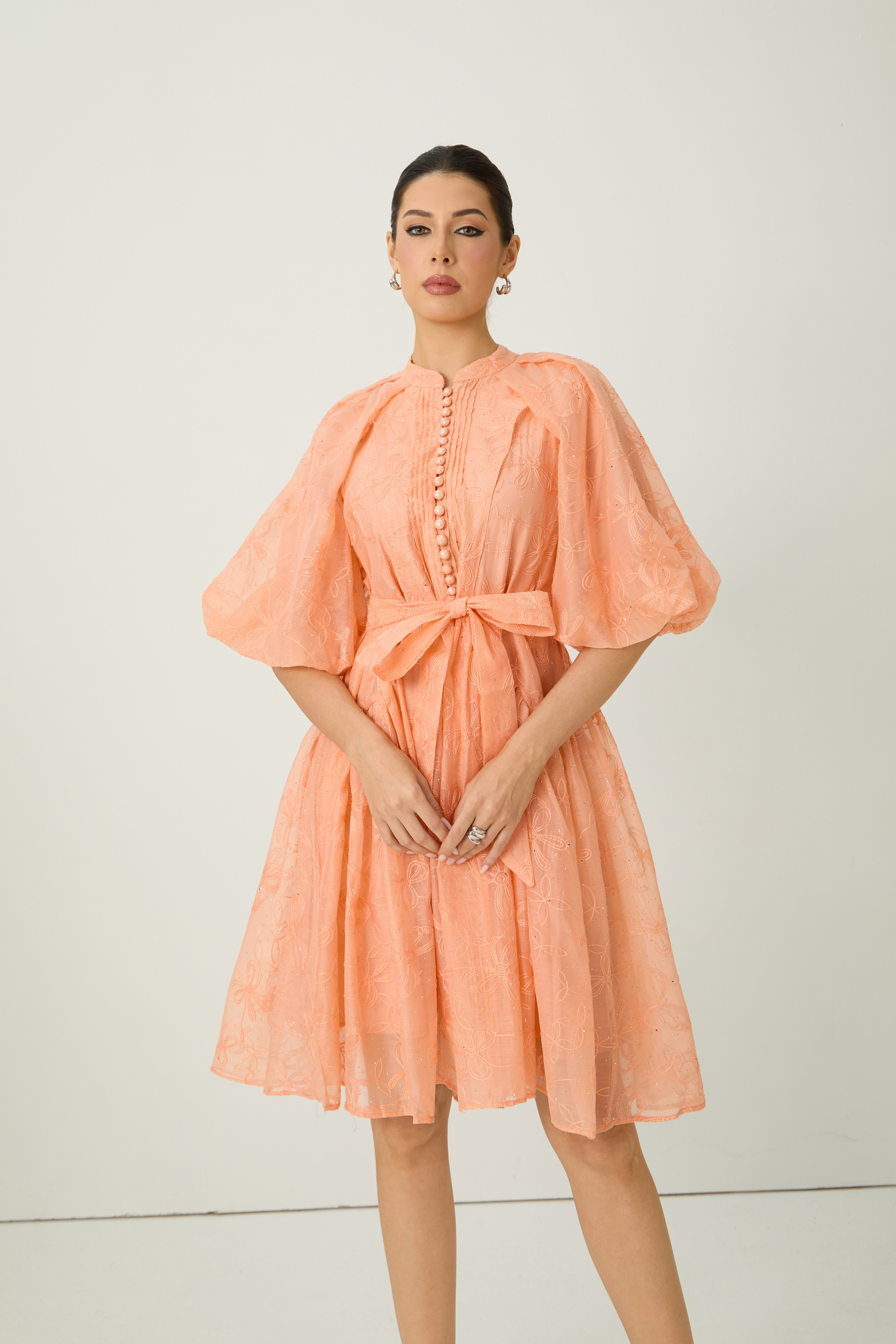 Devoted to Fun Orange Embroidered Short Puff Sleeve Midi Dress