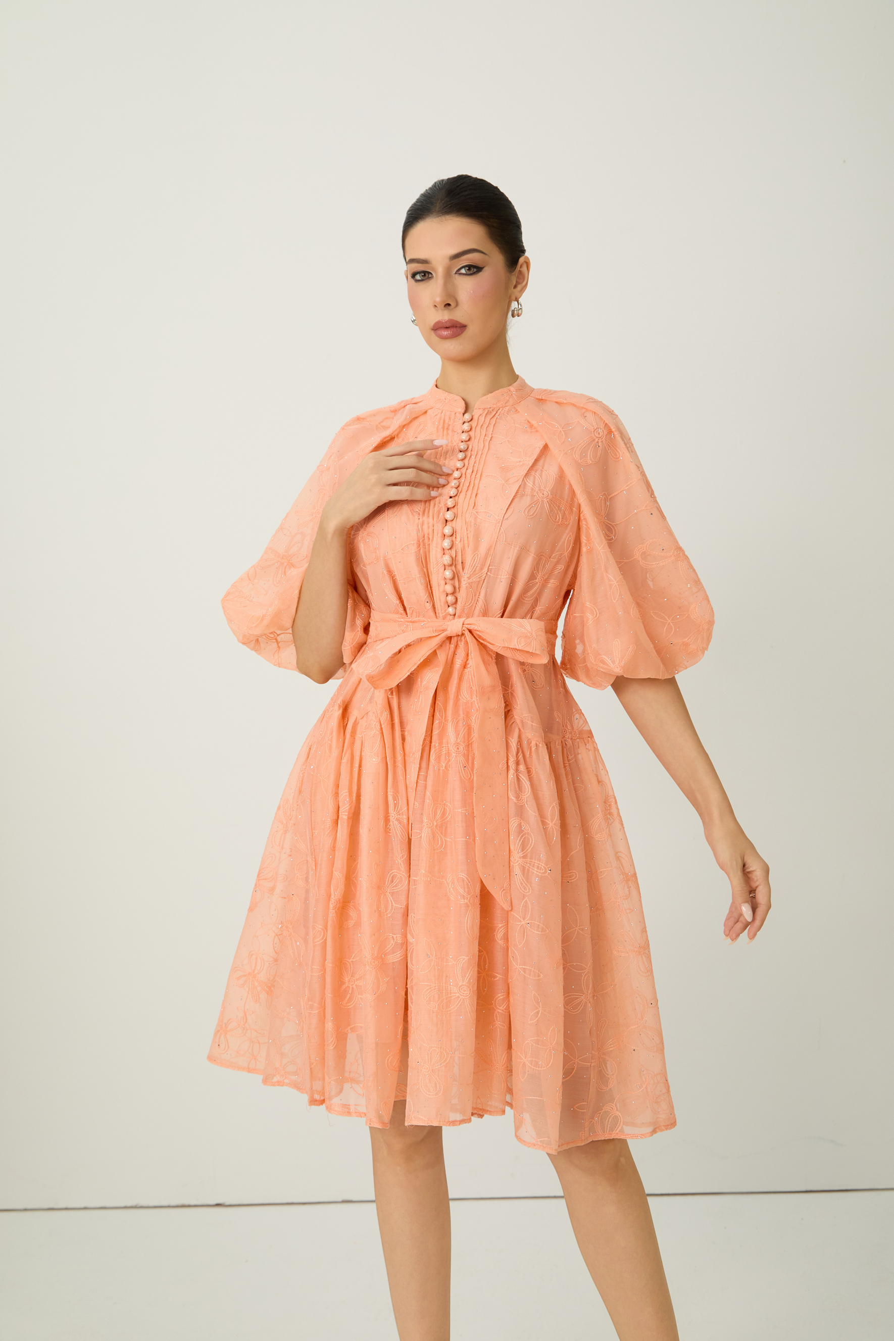 Devoted to Fun Orange Embroidered Short Puff Sleeve Midi Dress