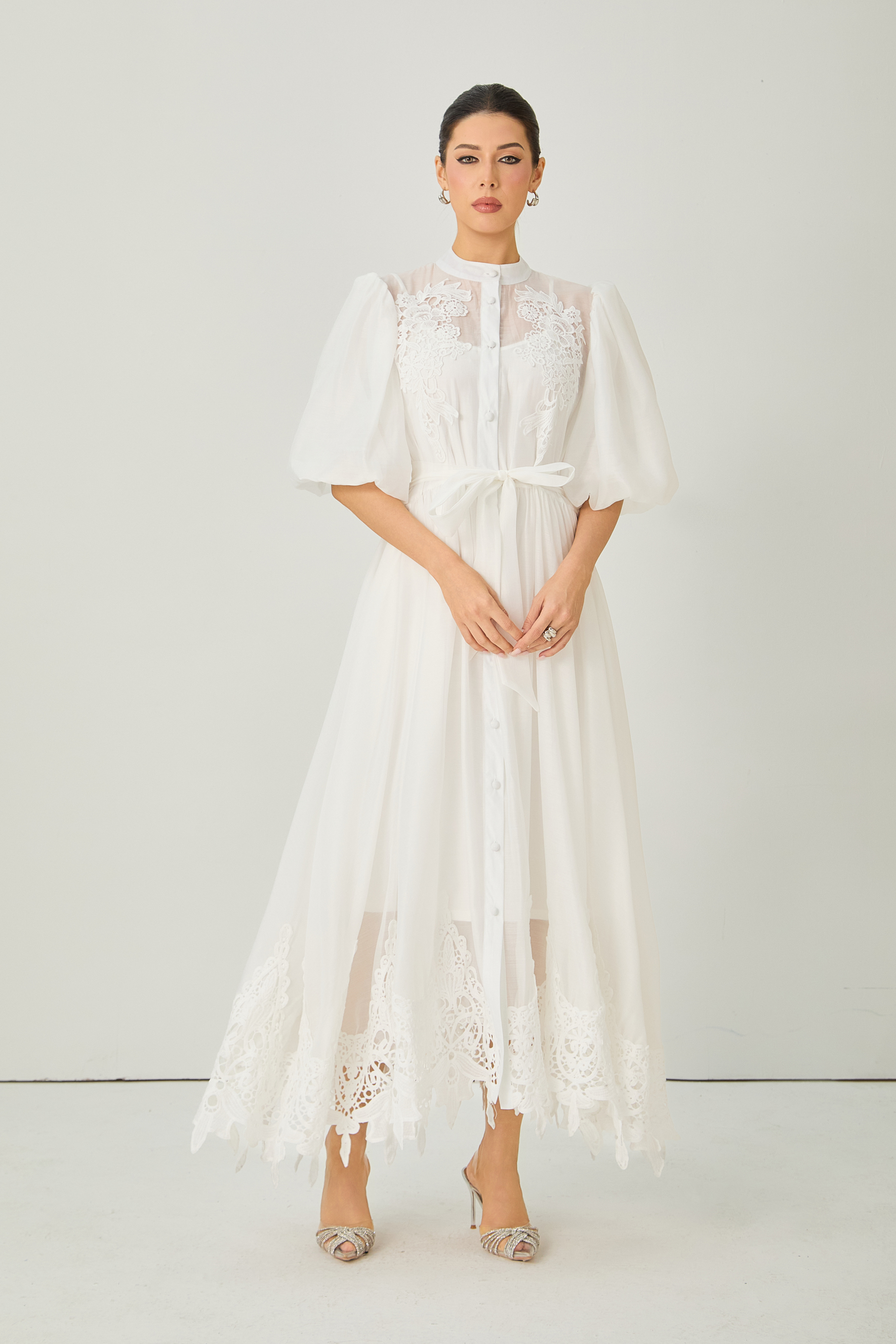 Close to Your Heart White Lace Embroidered Puff Sleeve Maxi Dress