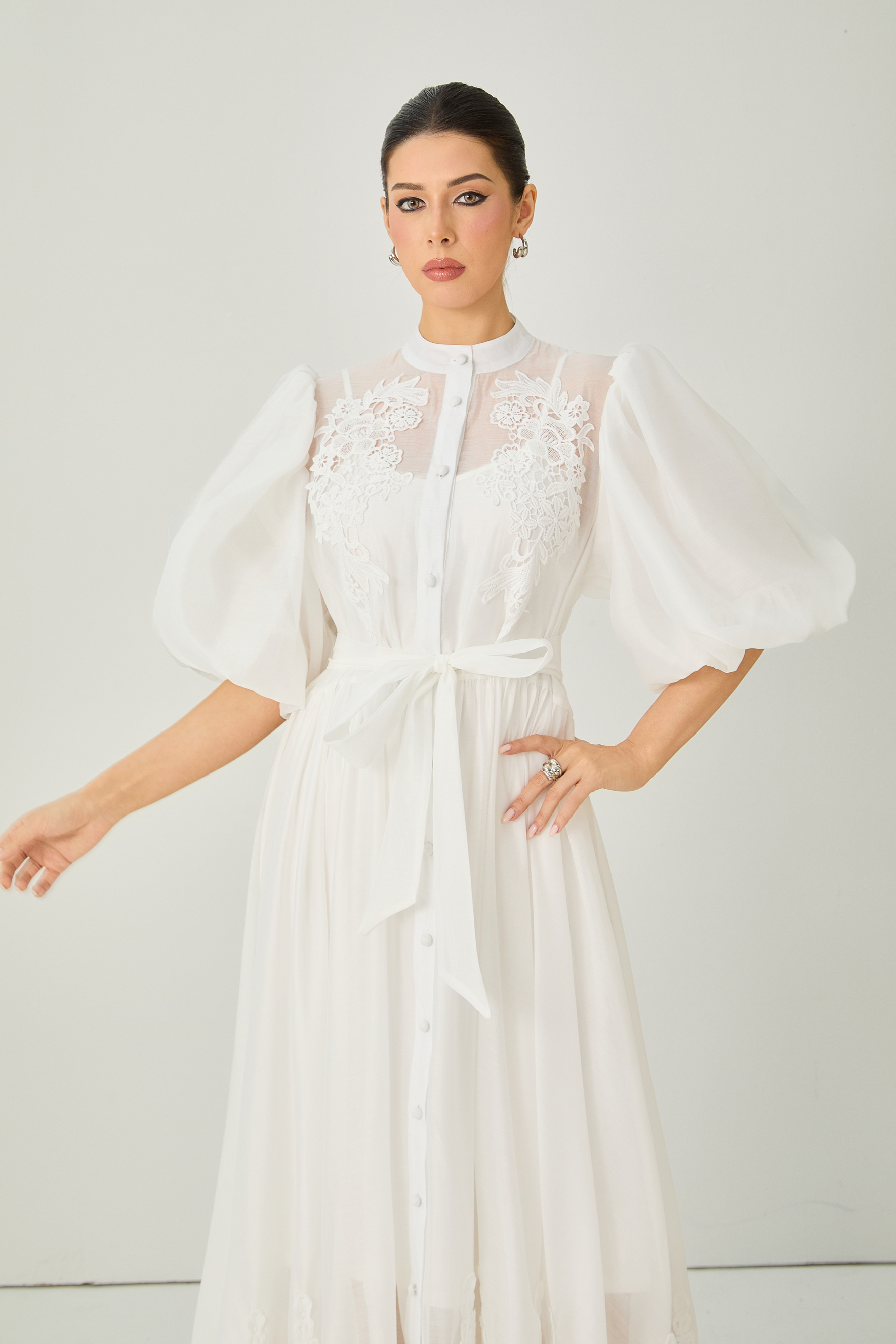 Close to Your Heart White Lace Embroidered Puff Sleeve Maxi Dress