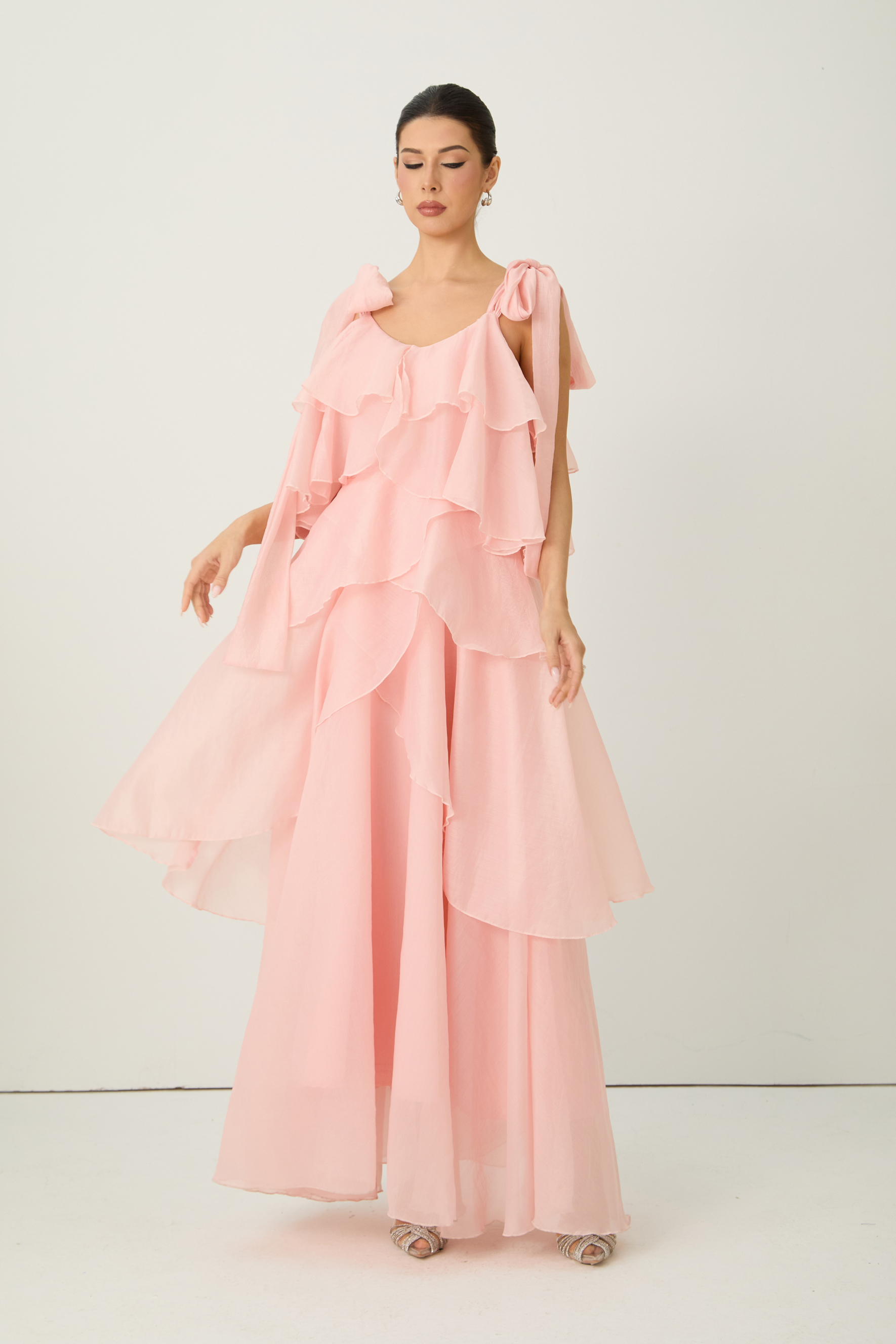 Irresistible Feelings Pink Tiered Ruffle Bow Shoulder Maxi Dress