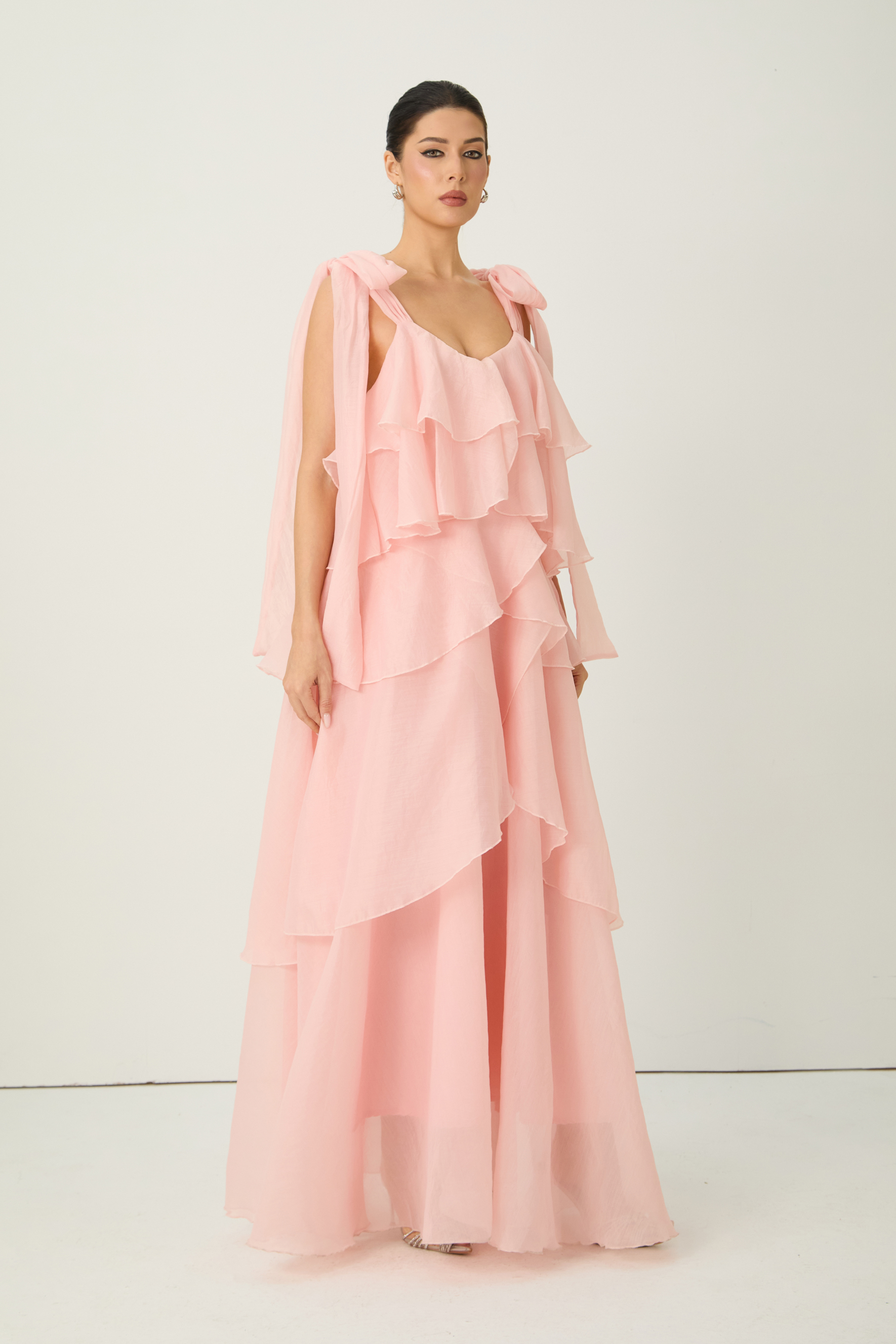 Irresistible Feelings Pink Tiered Ruffle Bow Shoulder Maxi Dress