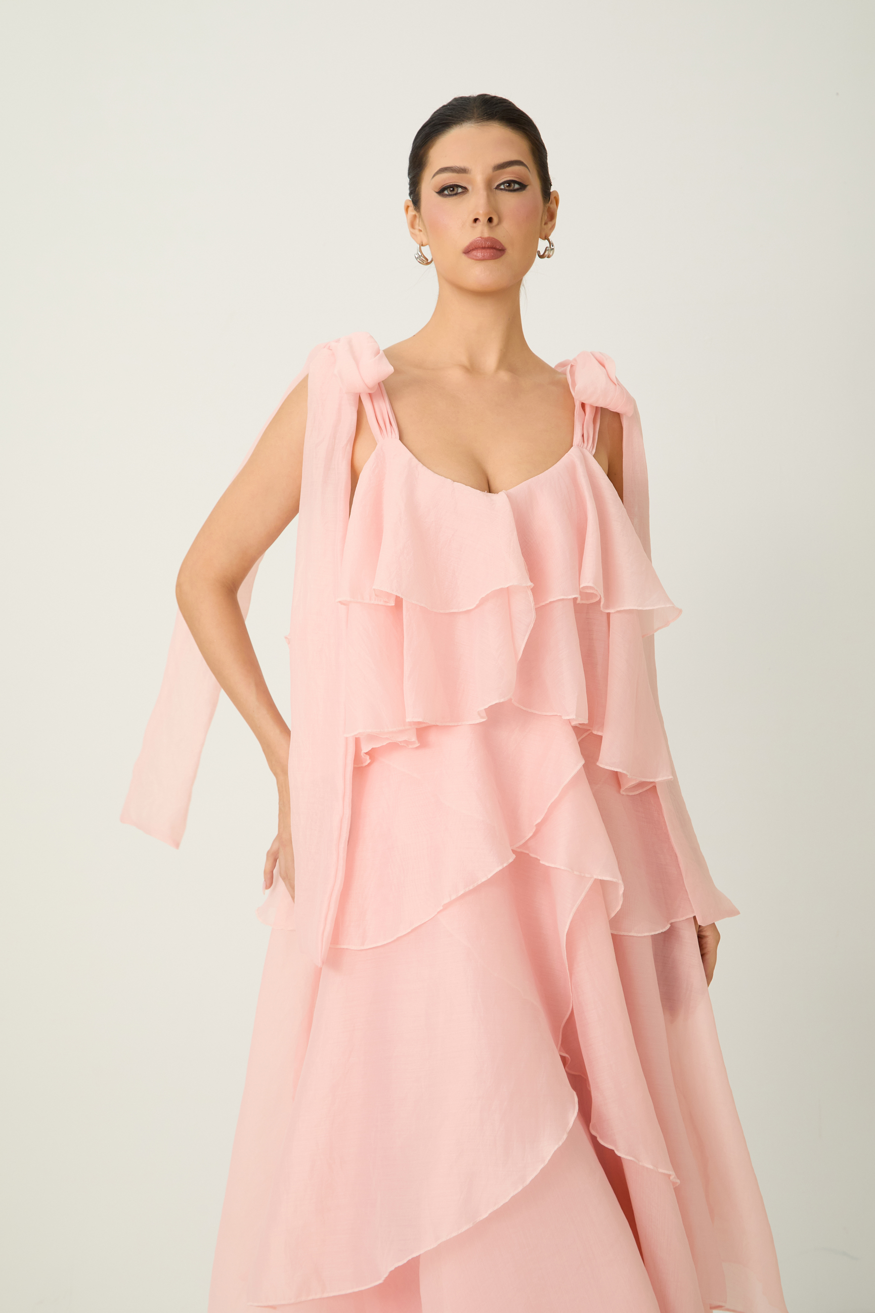 Irresistible Feelings Pink Tiered Ruffle Bow Shoulder Maxi Dress