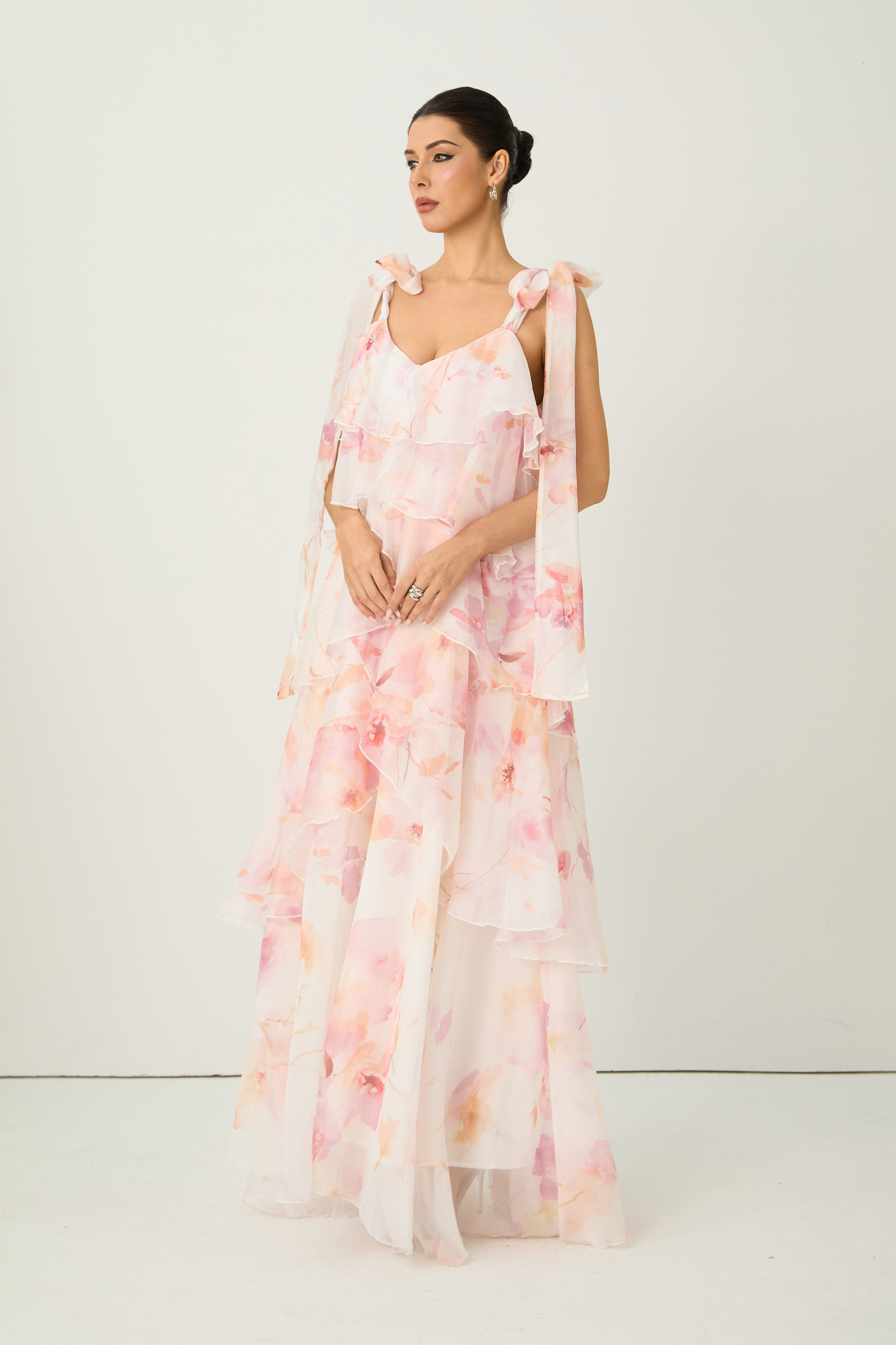 Glamorous Sweetie Pink Floral Print Tiered Ruffle Bow Strap Maxi Dress