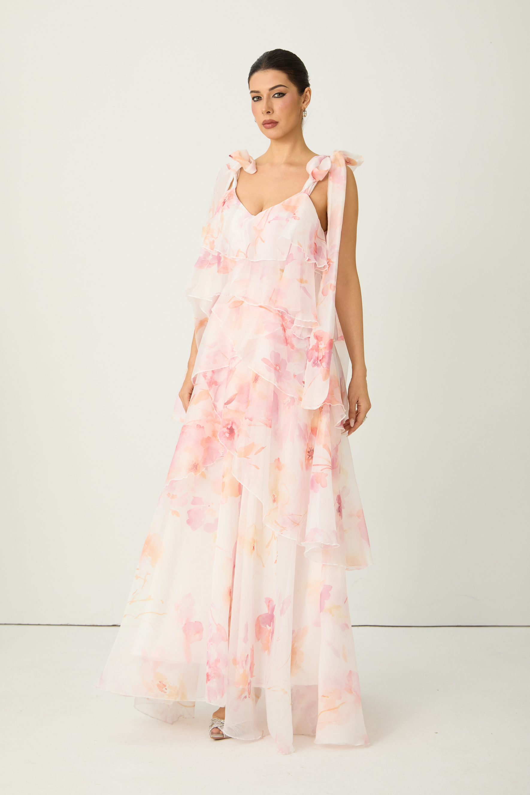 Glamorous Sweetie Pink Floral Print Tiered Ruffle Bow Strap Maxi Dress