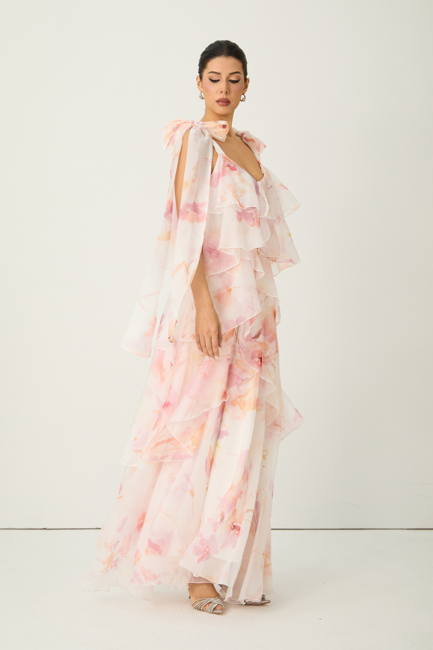 Glamorous Sweetie Pink Floral Print Tiered Ruffle Bow Strap Maxi Dress