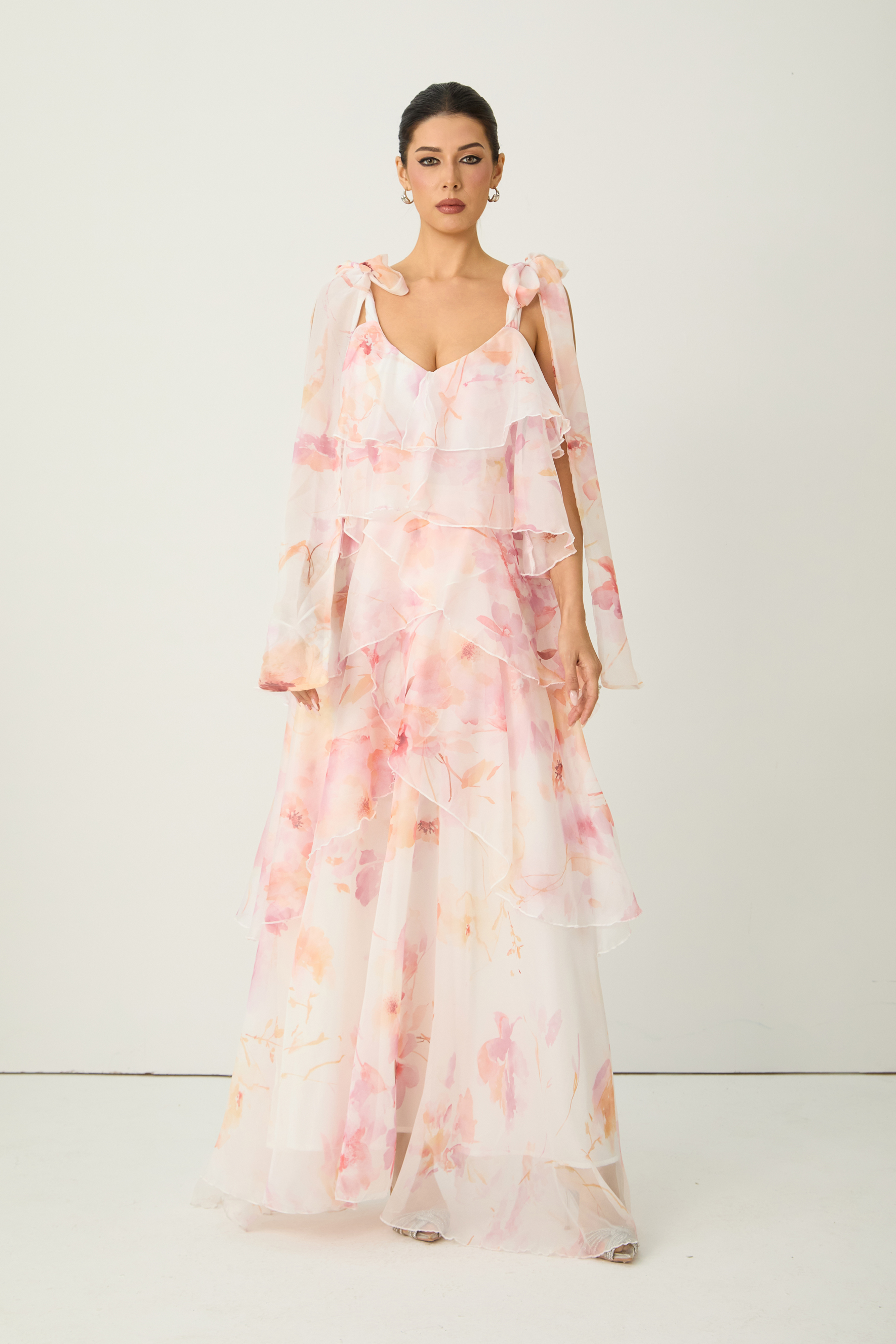 Glamorous Sweetie Pink Floral Print Tiered Ruffle Bow Strap Maxi Dress