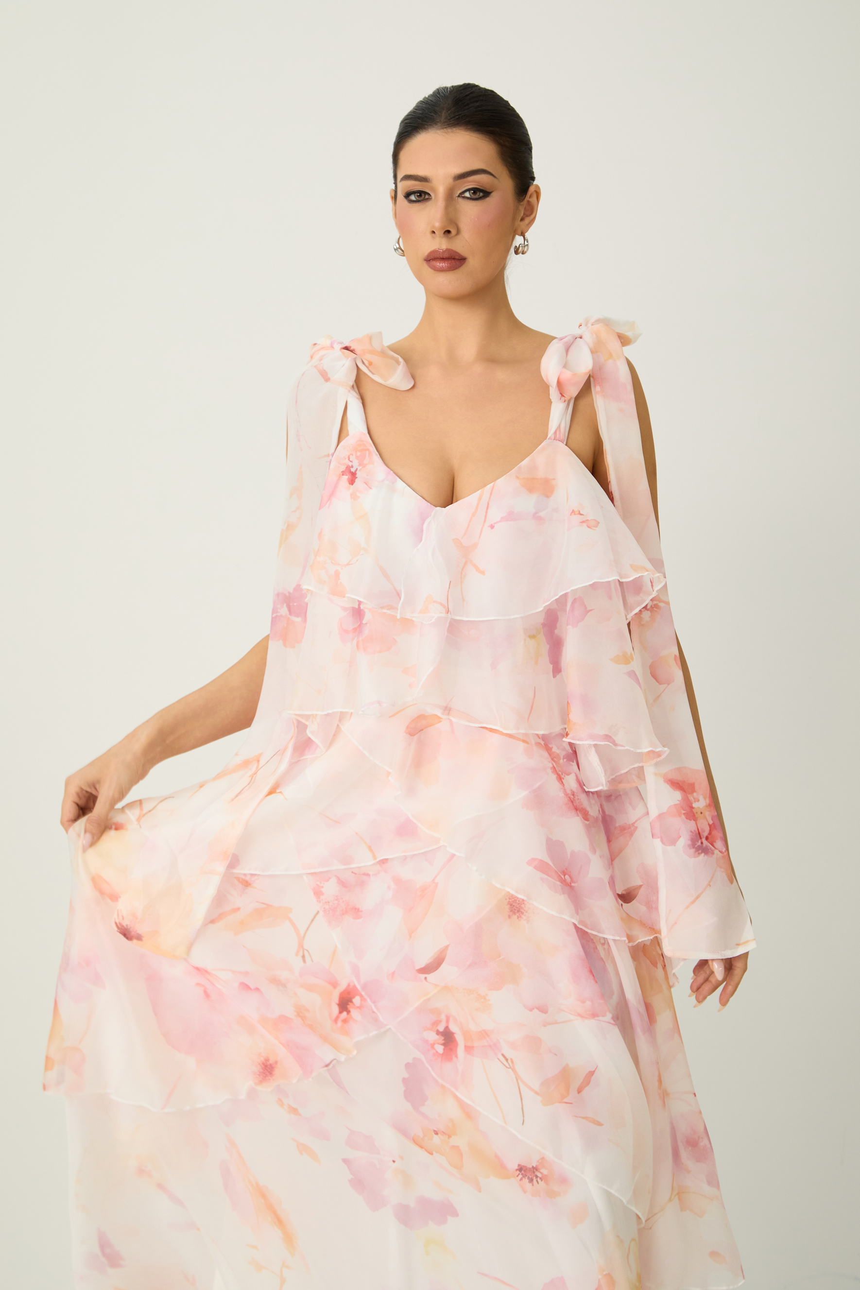 Glamorous Sweetie Pink Floral Print Tiered Ruffle Bow Strap Maxi Dress