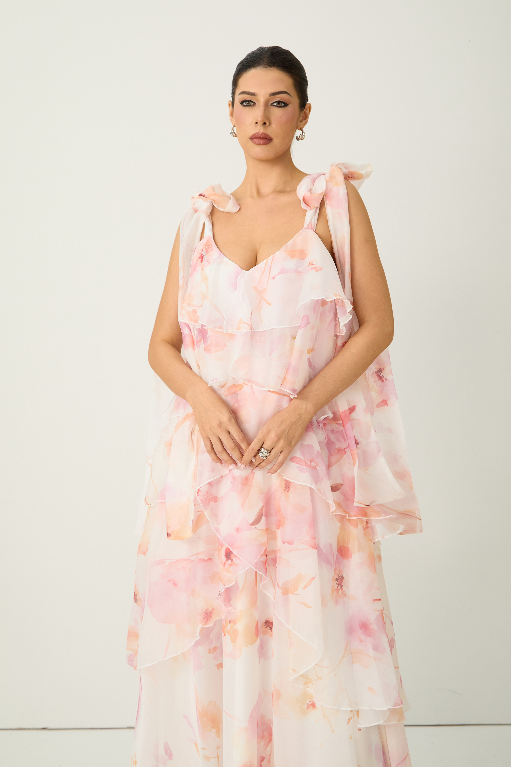 Glamorous Sweetie Pink Floral Print Tiered Ruffle Bow Strap Maxi Dress