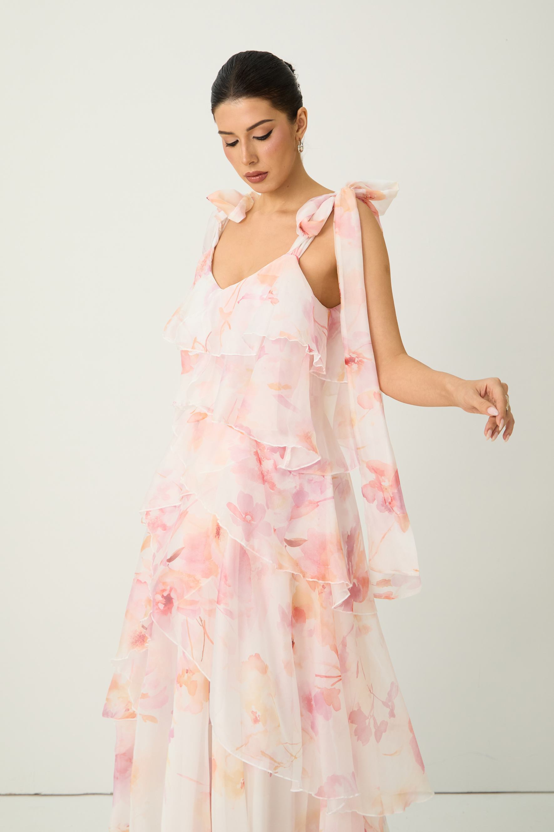 Glamorous Sweetie Pink Floral Print Tiered Ruffle Bow Strap Maxi Dress