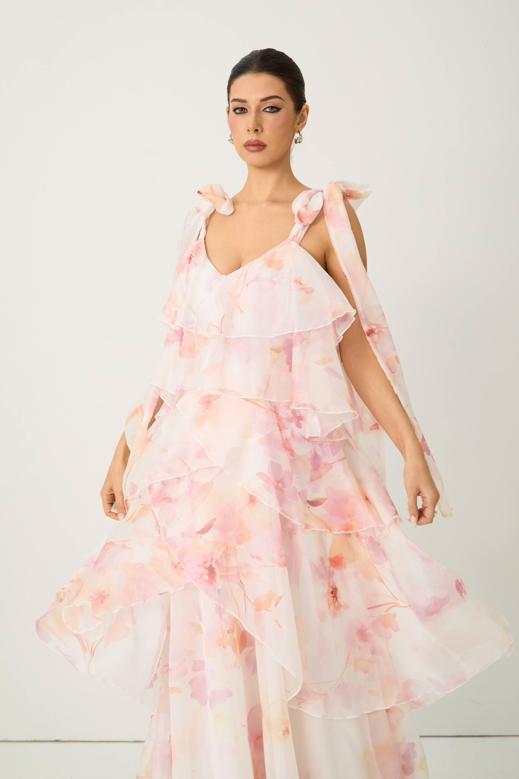 Glamorous Sweetie Pink Floral Print Tiered Ruffle Bow Strap Maxi Dress