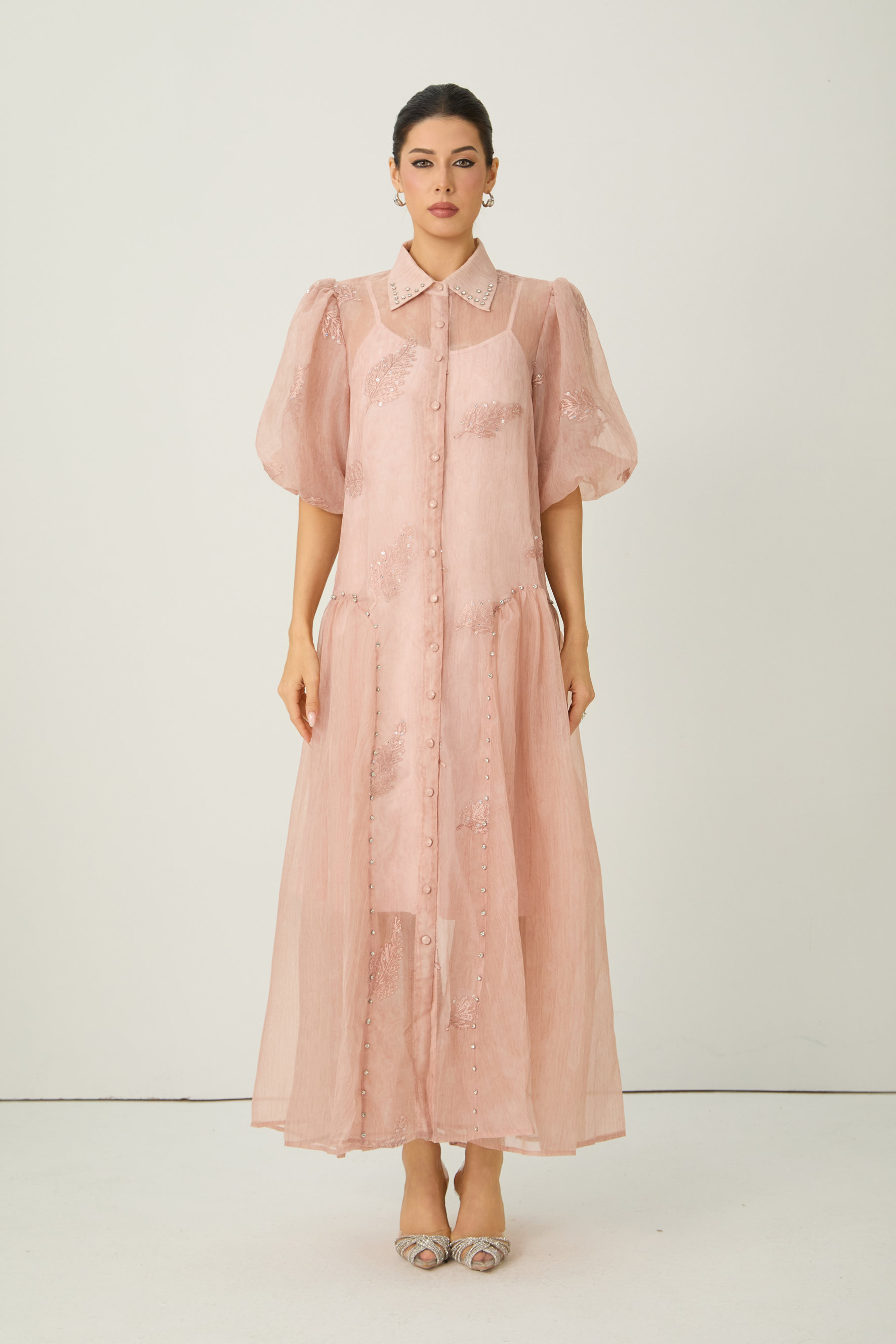 Dreamy Personality Pink Puff Sleeve Embroidered Maxi Dress