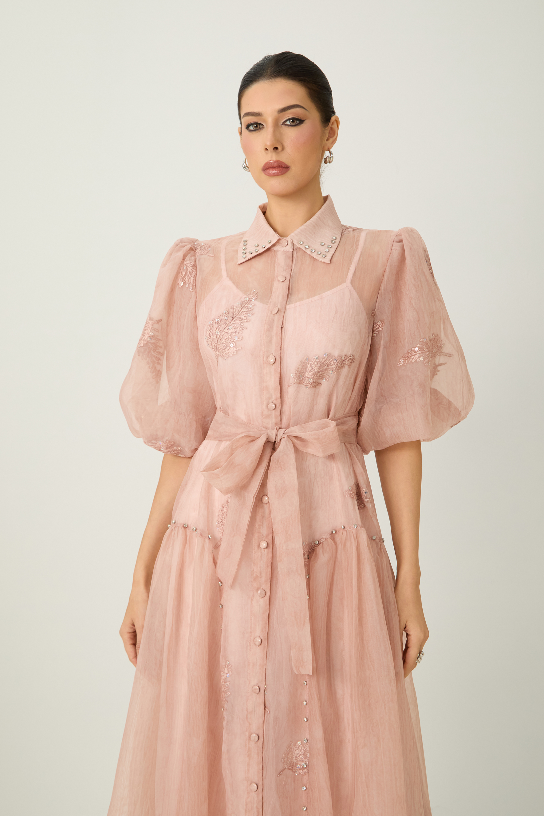 Dreamy Personality Pink Puff Sleeve Embroidered Maxi Dress