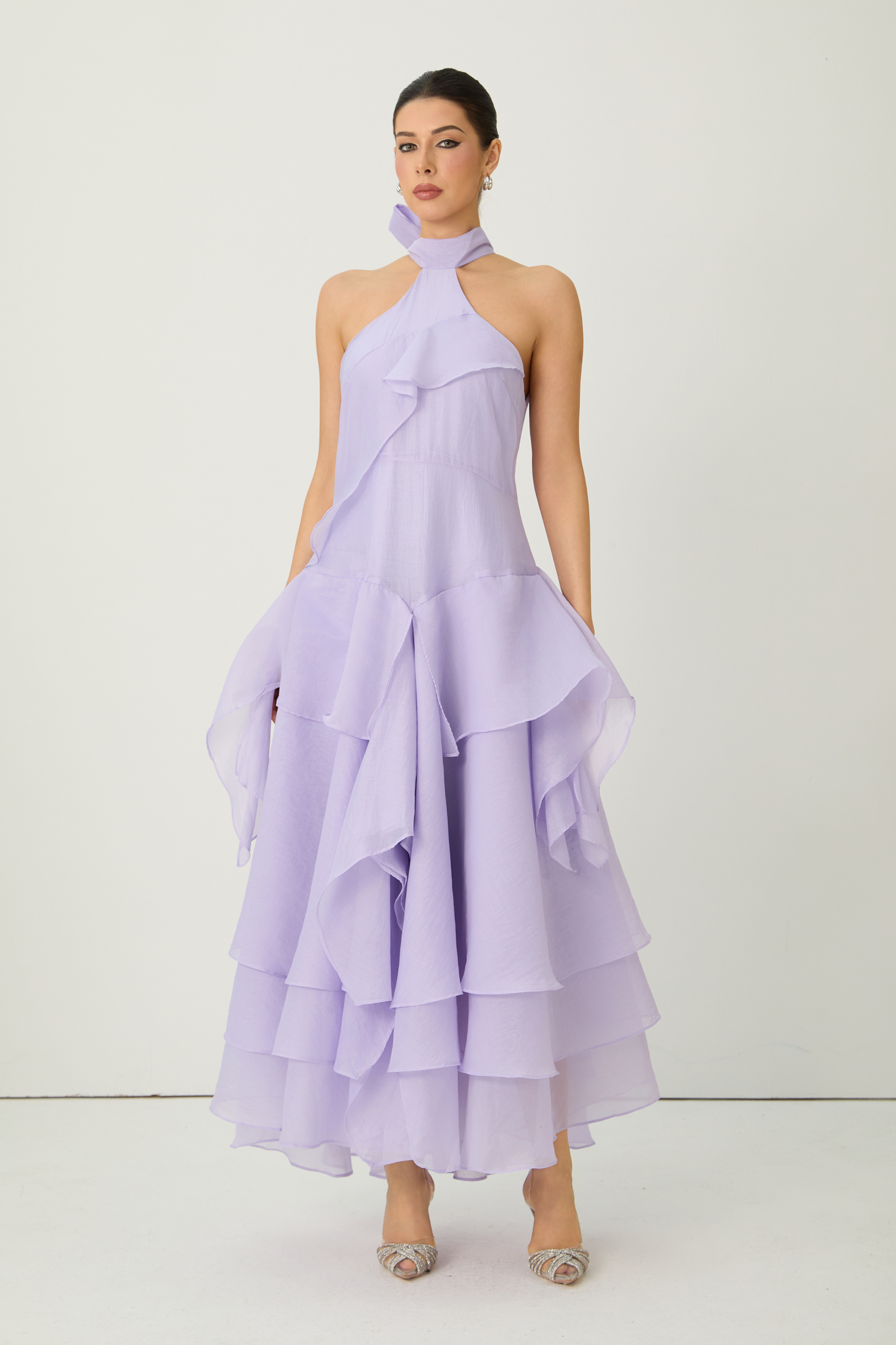 Always Turning Heads Purple Halter Neck Tiered Ruffle Maxi Dress
