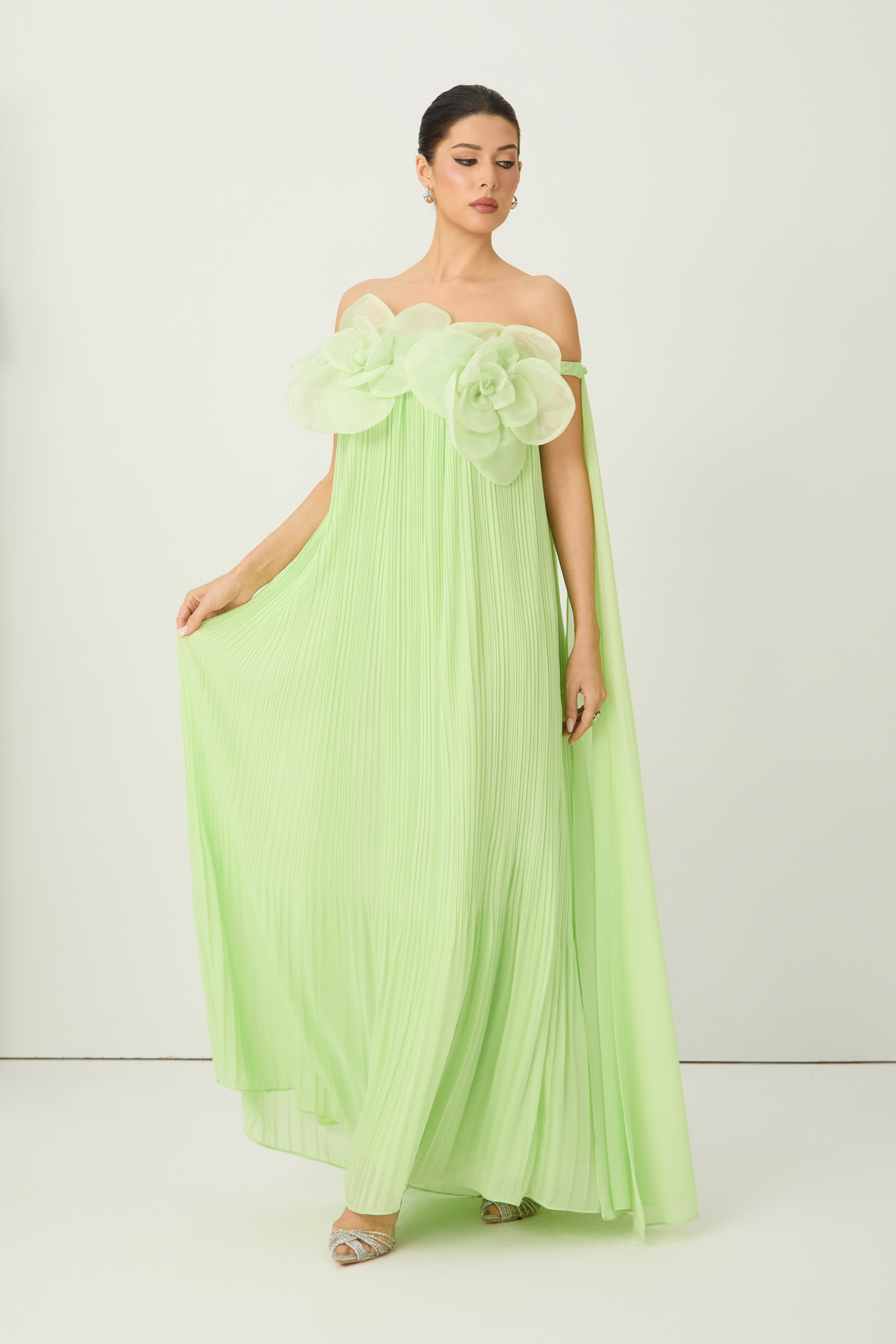 Your Only Darling Green Floral Applique Off Shoulder Maxi Dress