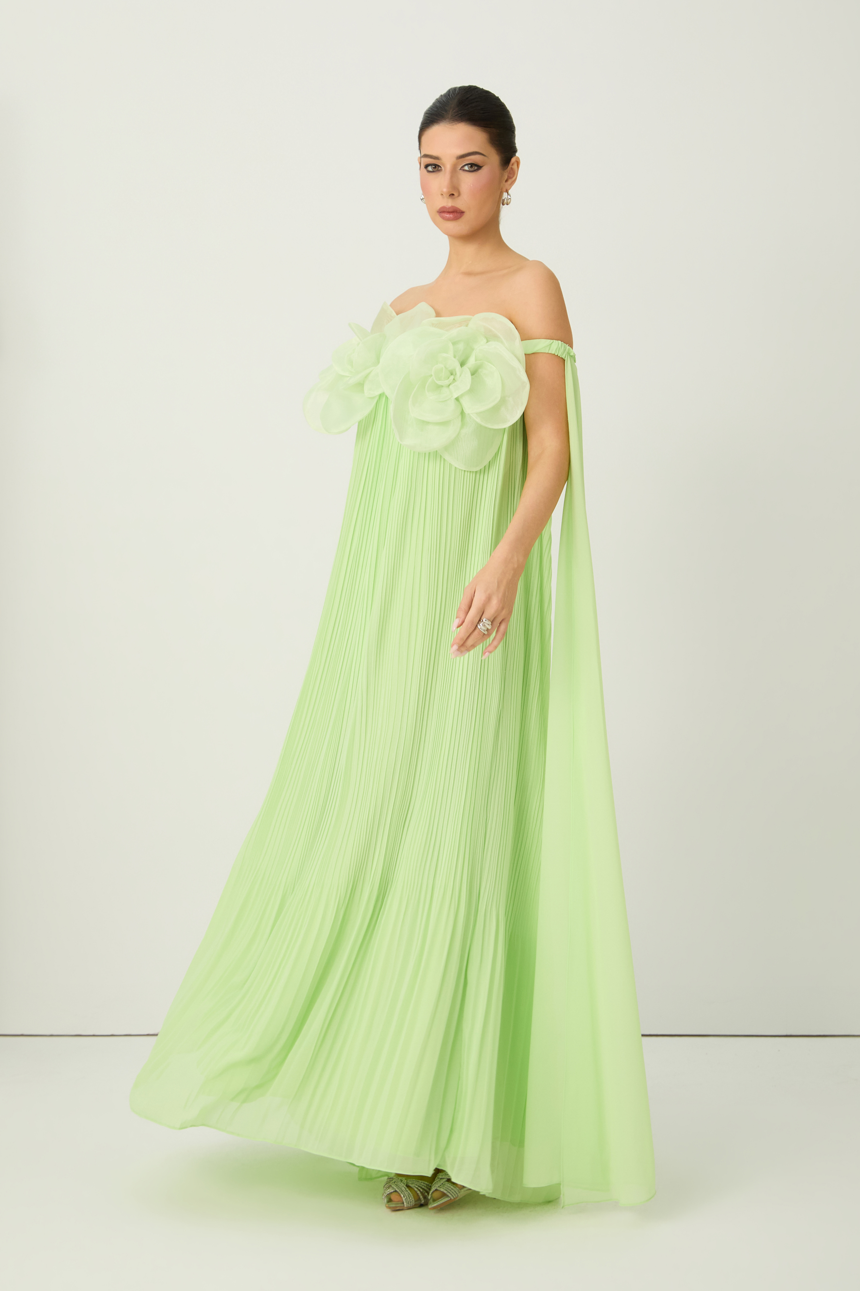Your Only Darling Green Floral Applique Off Shoulder Maxi Dress